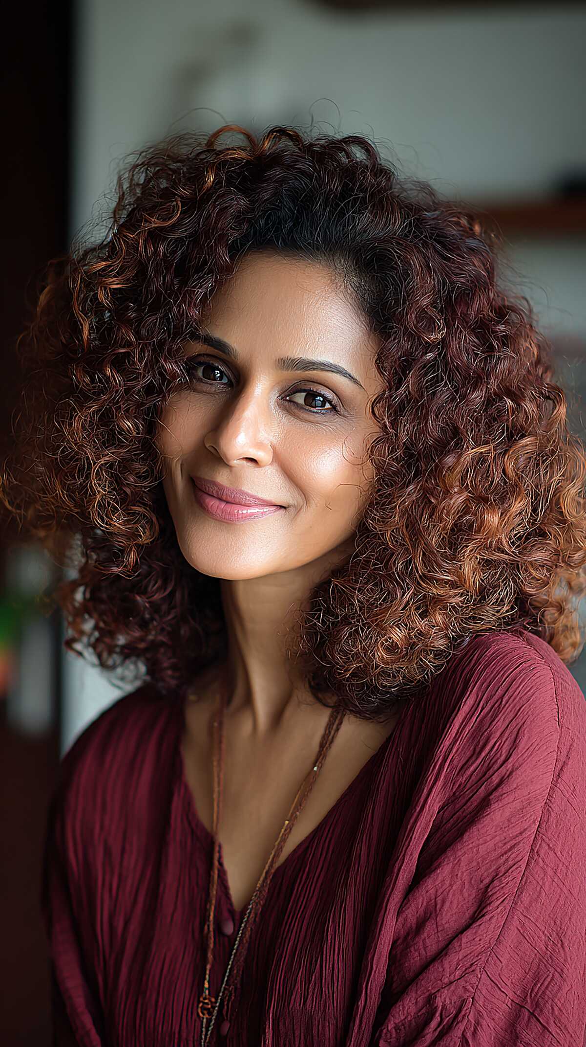 Rich Burgundy Curls with Copper Ends and Natural Density
