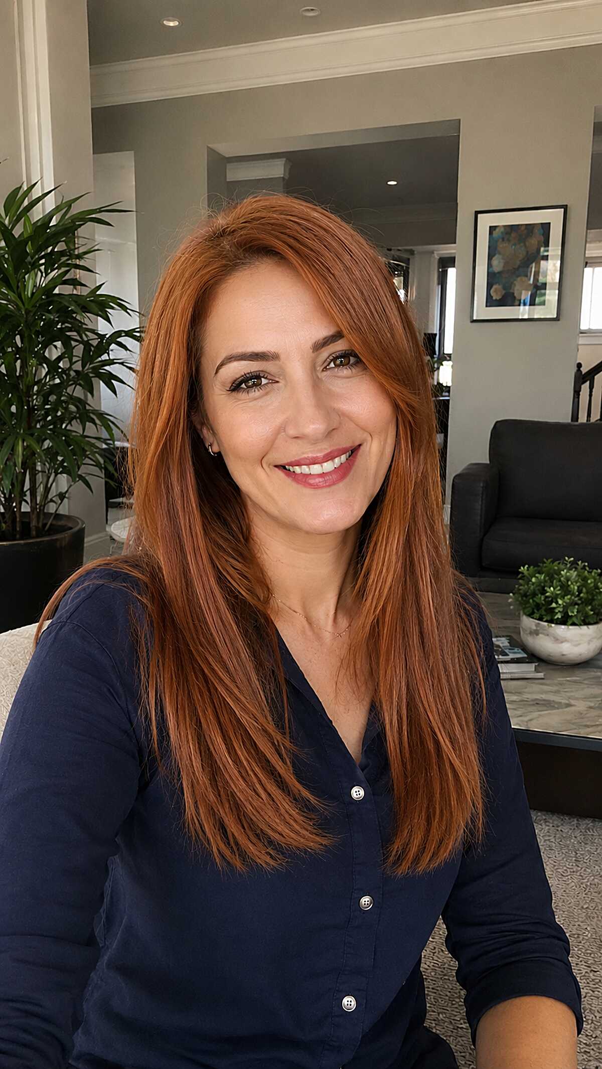 Long rich copper red straight hair with subtle layers