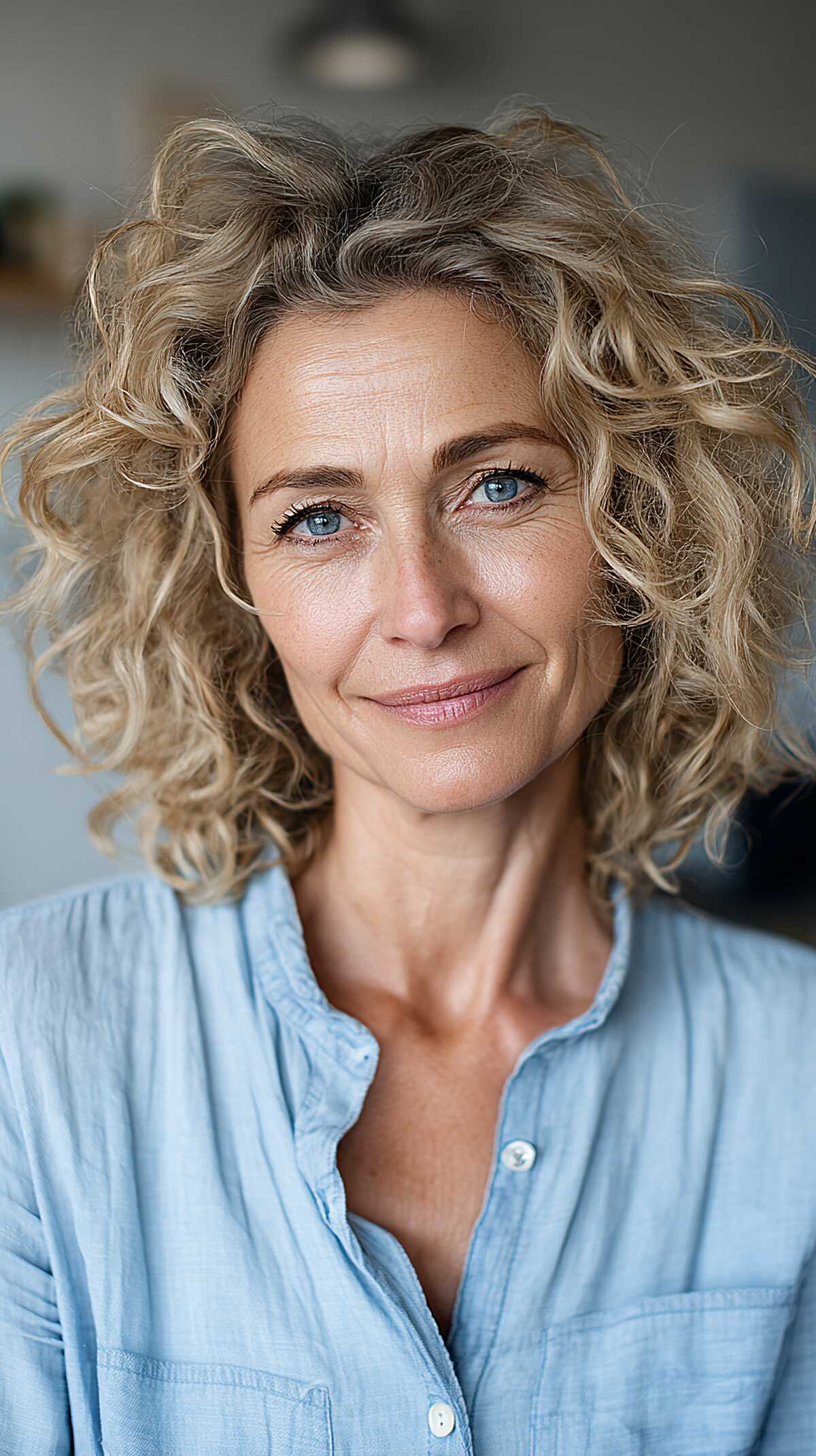Sandy Blonde Curly Collarbone Cut with Lived-In Layers