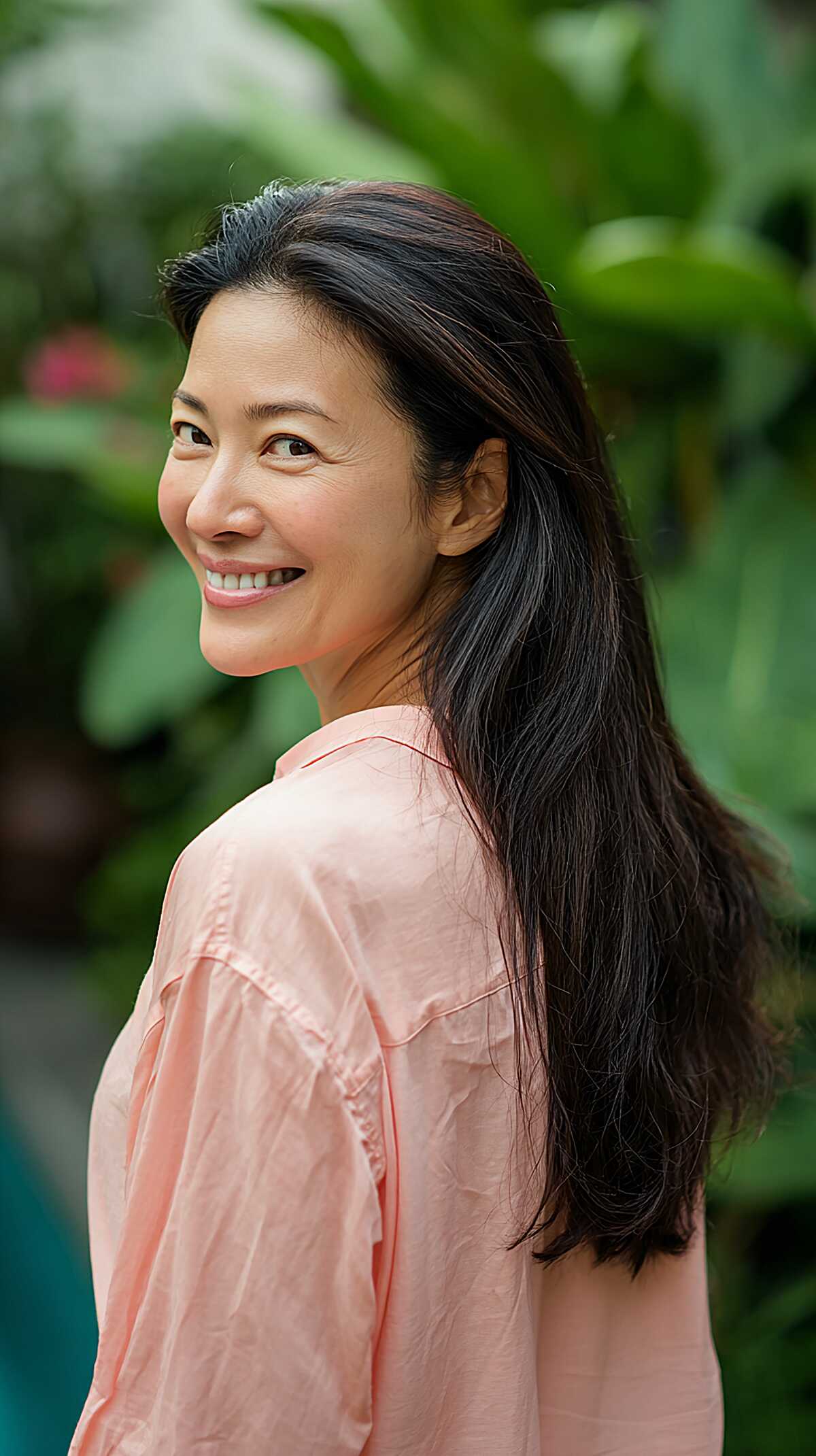 Long sleek black hair with subtle layers from behind