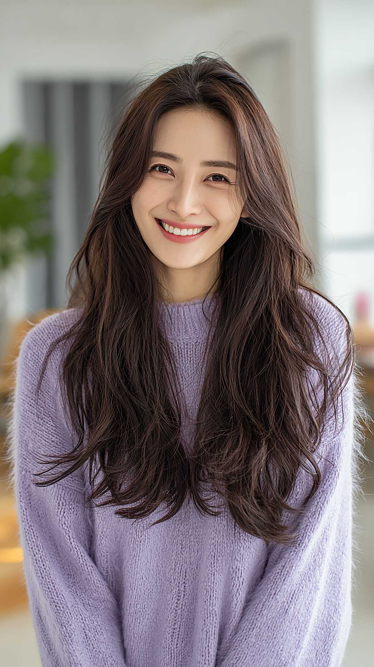 Soft Brunette Feathered Waves with Airy Center Part