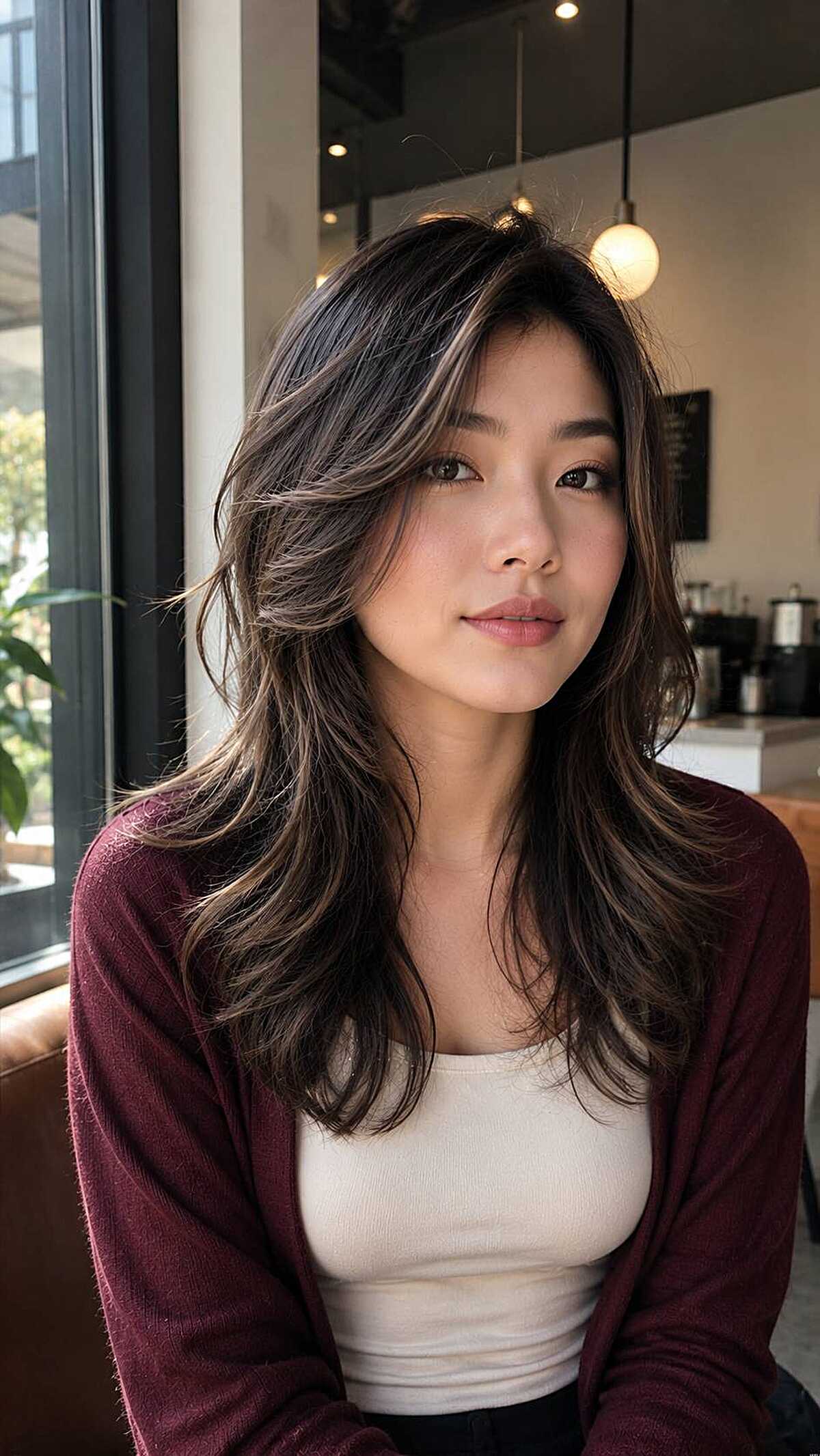 Long dark layered shag with soft side part