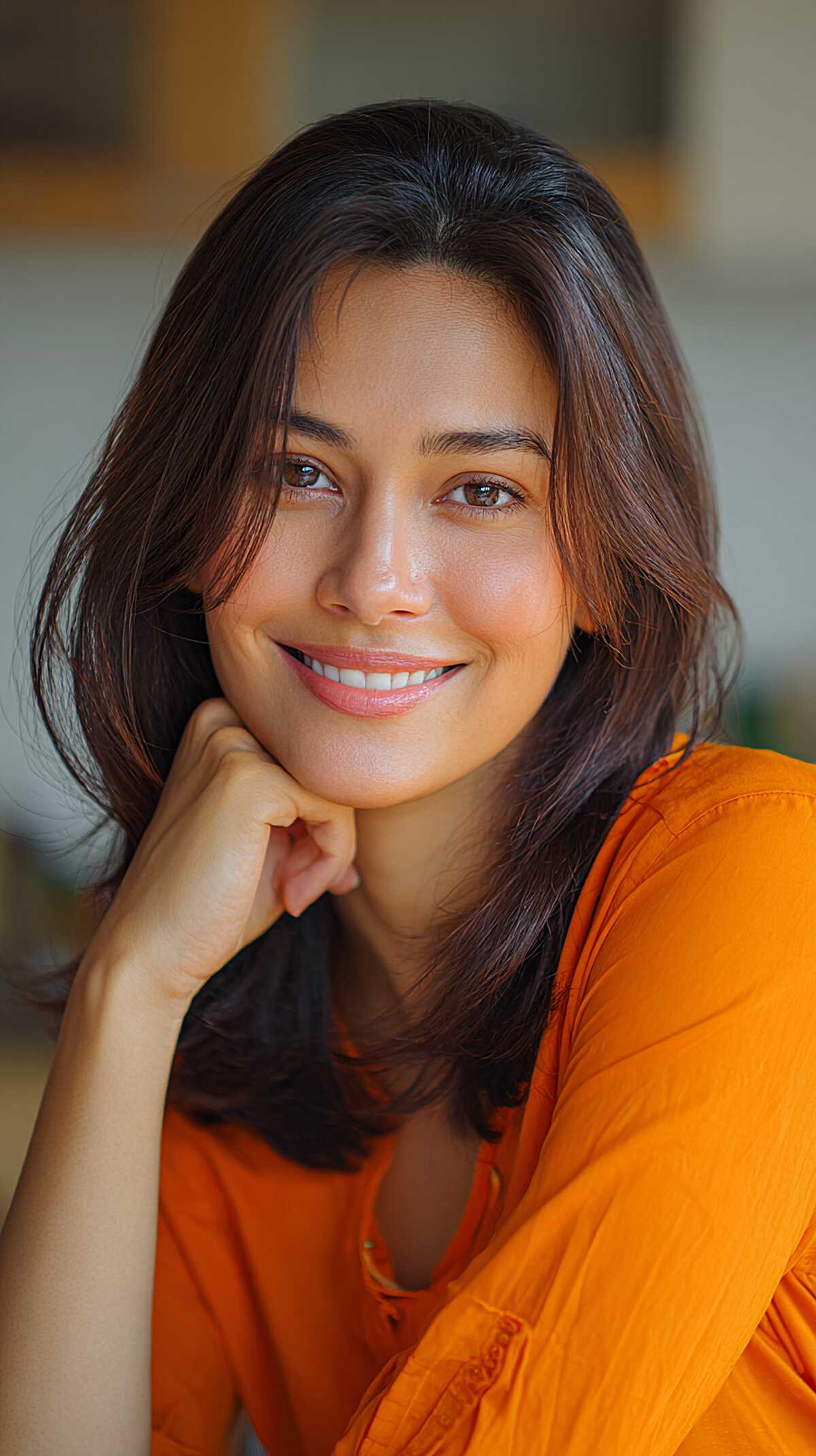 Soft dark brown chin-length bob with gentle layers