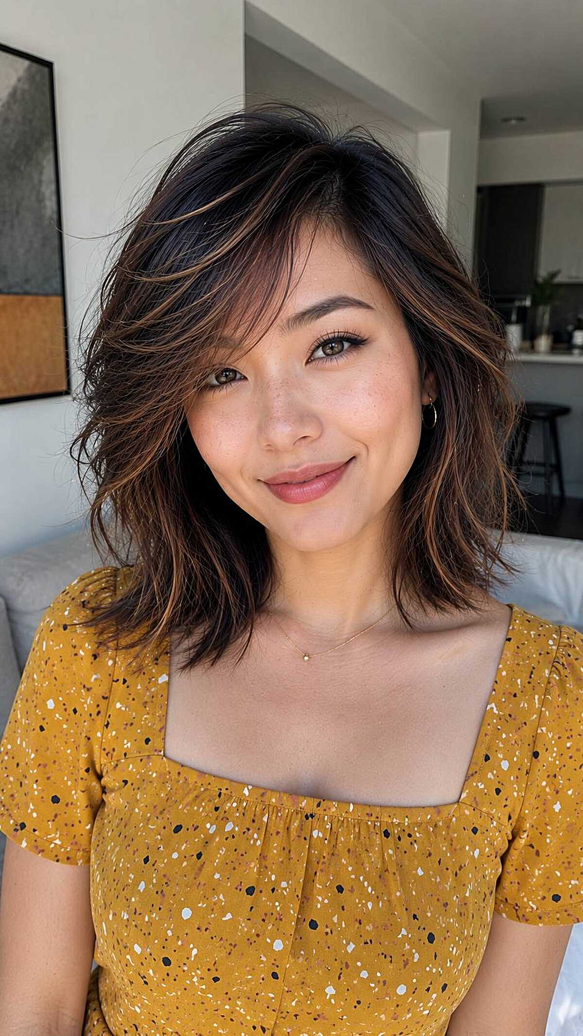 Short brunette bob shag with warm ends and side part