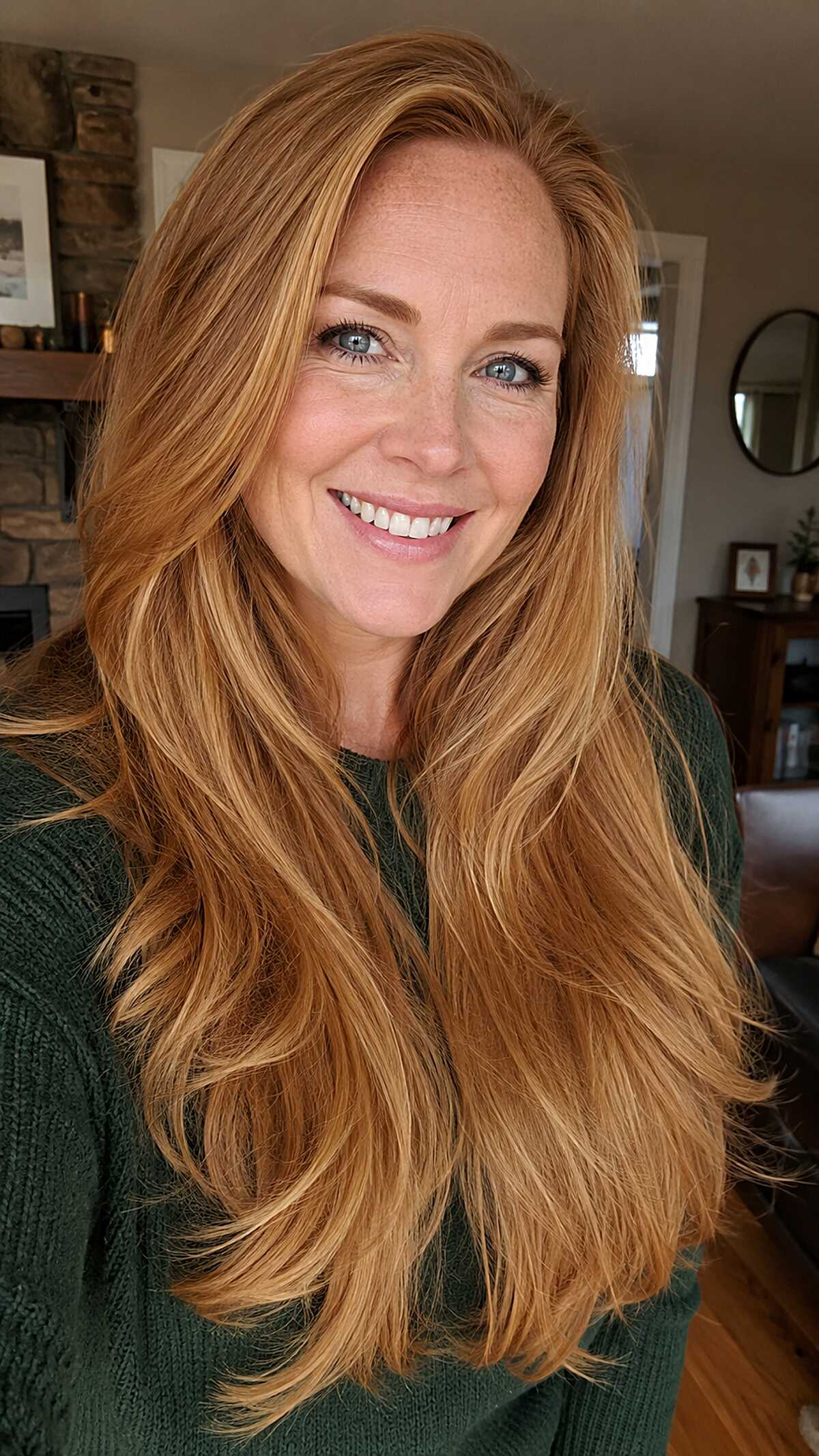 Strawberry Blonde Feathered Layers with Warm Golden Dimension