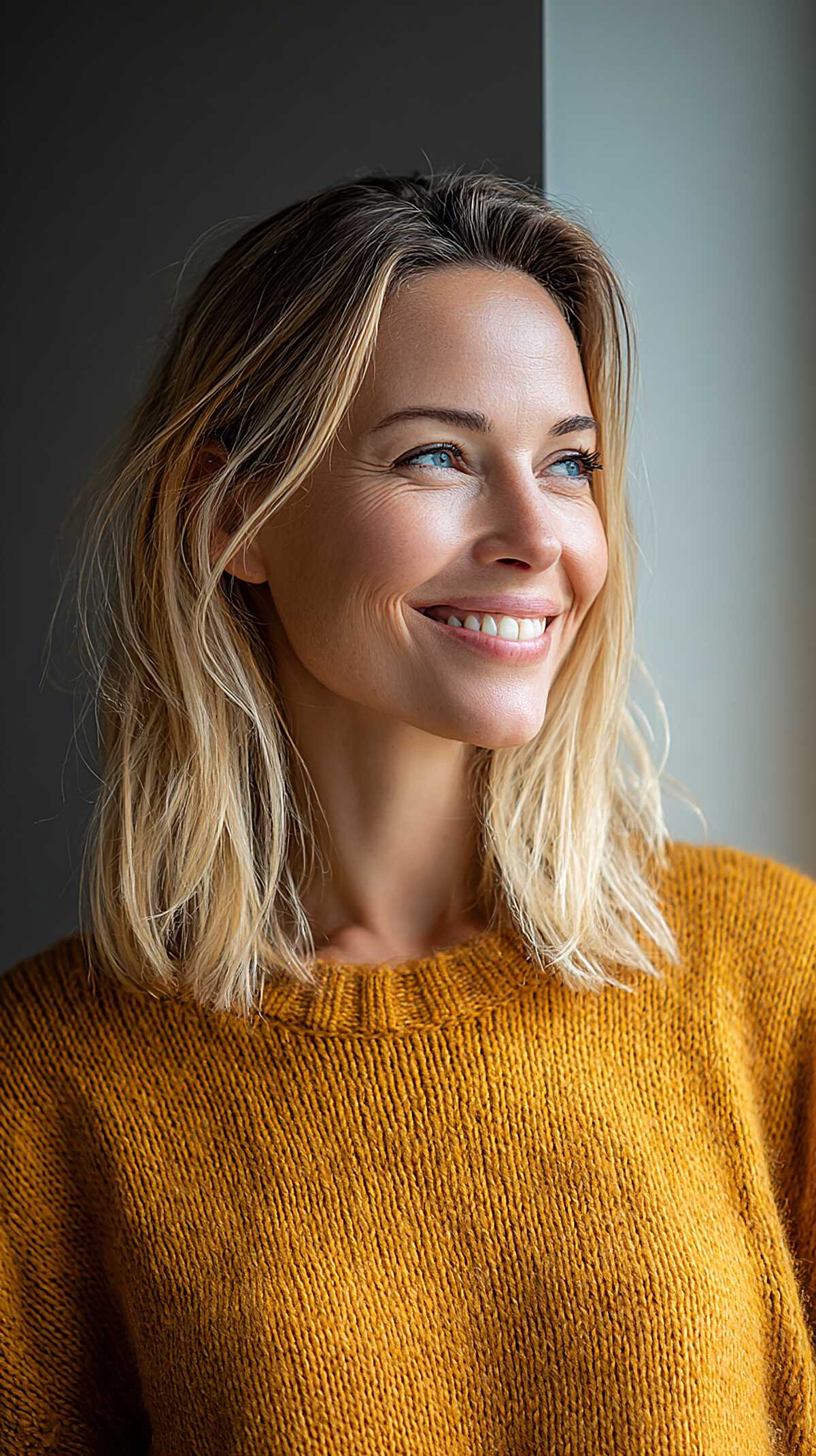Blonde shoulder-length lob with dark roots and texture