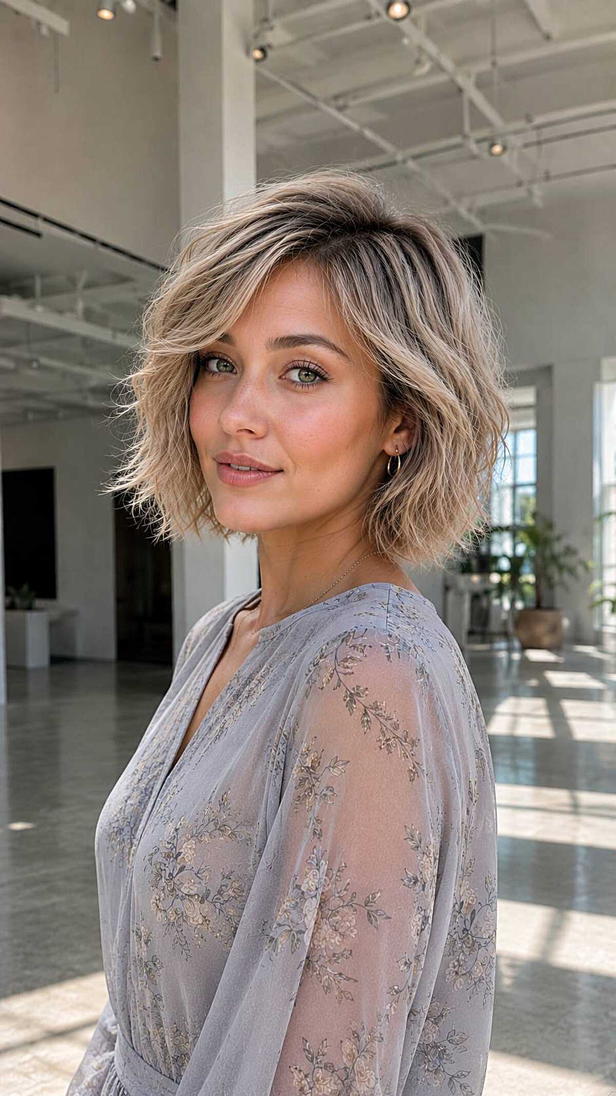 Short blonde shag bob with dark roots and waves