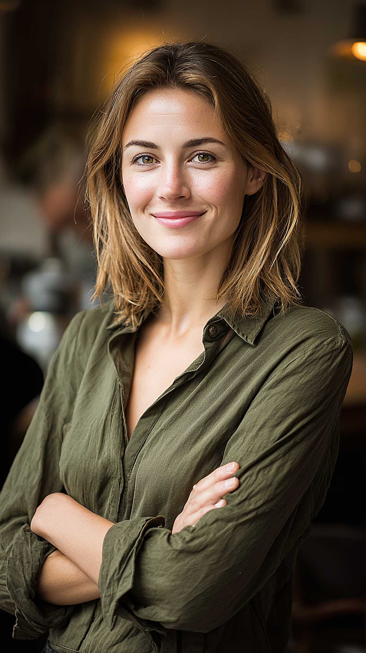 Tousled honey brunette shoulder-length hair with texture