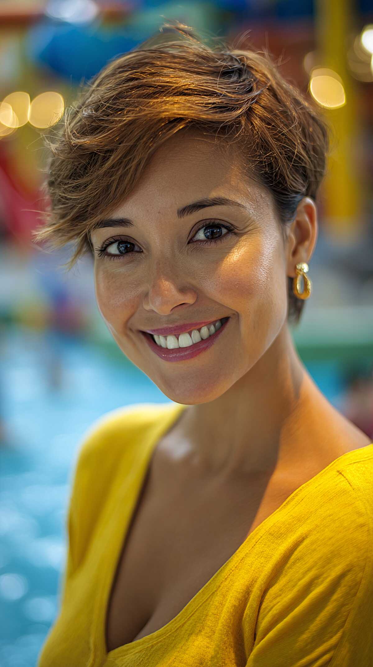 Tousled Short Crop With Warm Copper Pieces Poolside