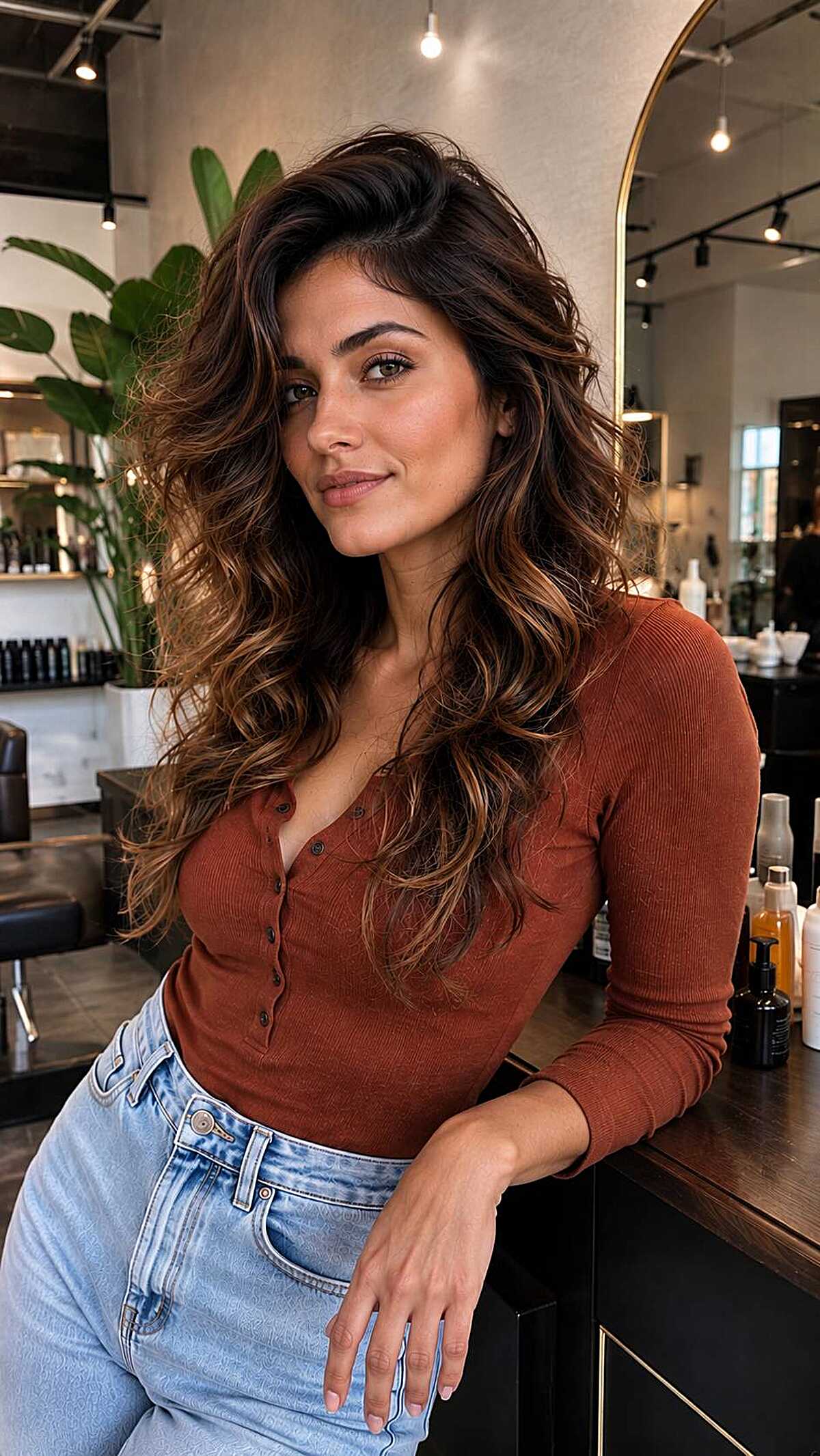 Long curly brunette shag with caramel balayage