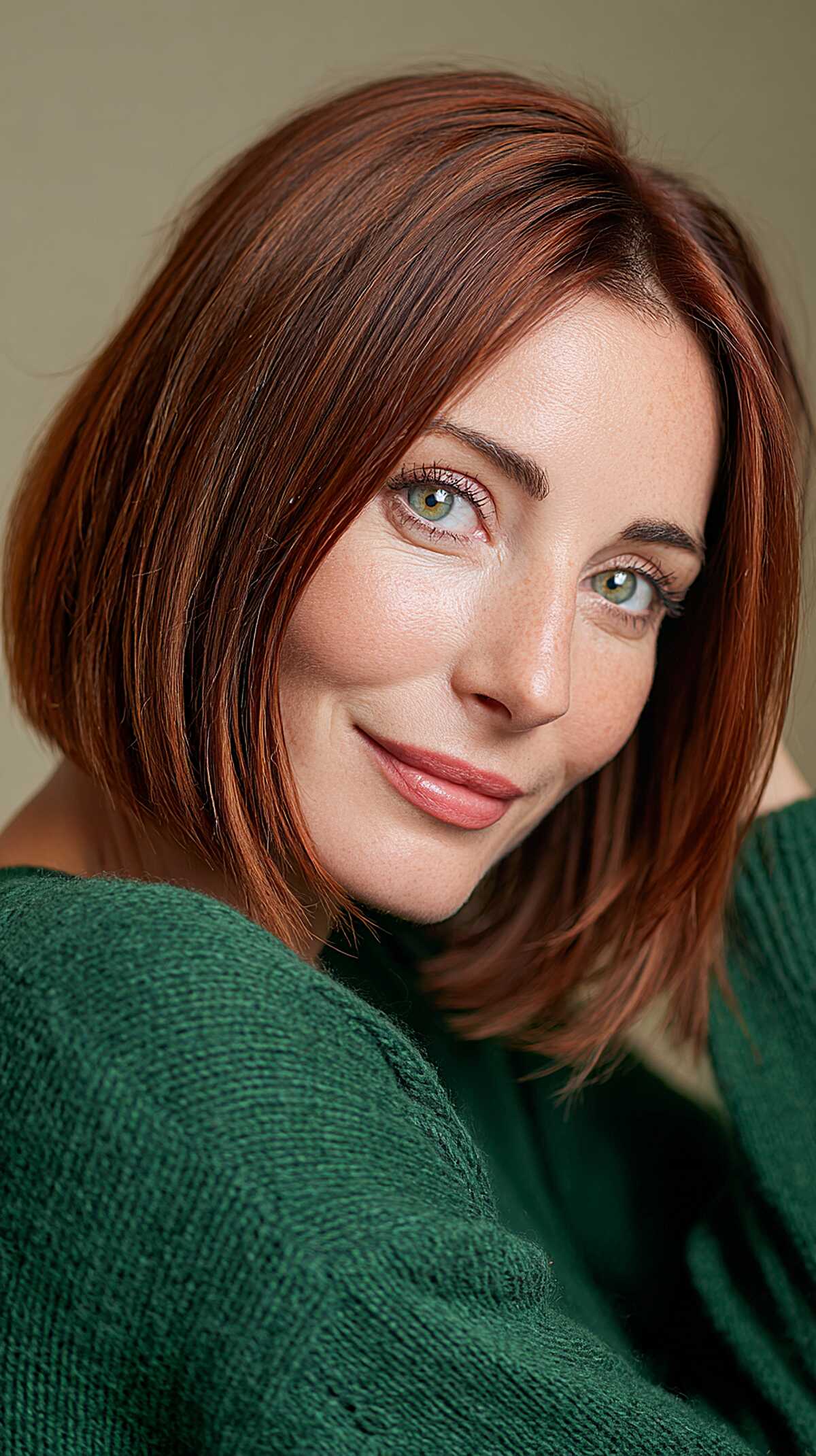 Warm auburn chin-length bob with side part on woman