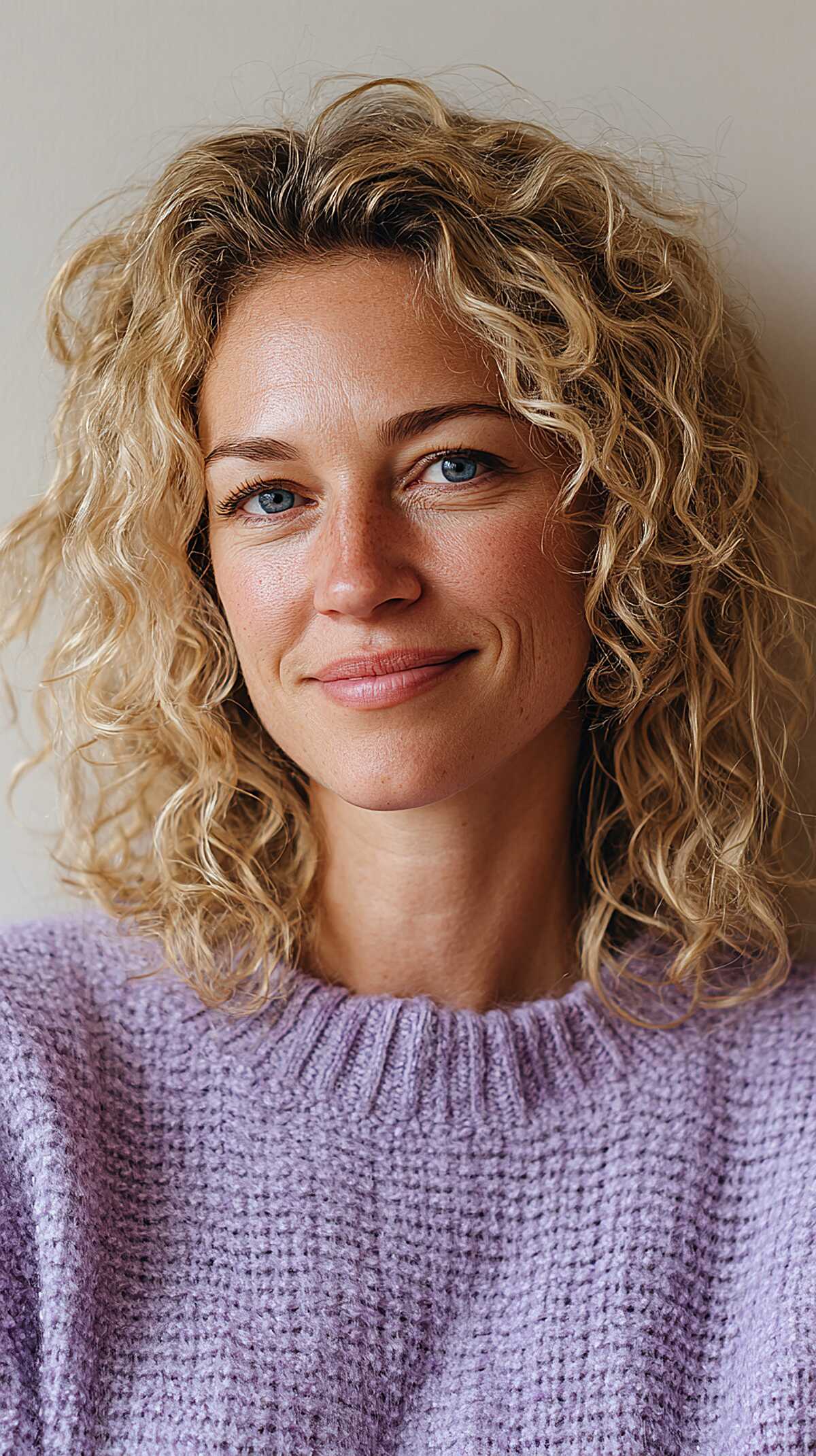 Warm Blonde Curly Shoulder Length with Dark Root Grow-Out