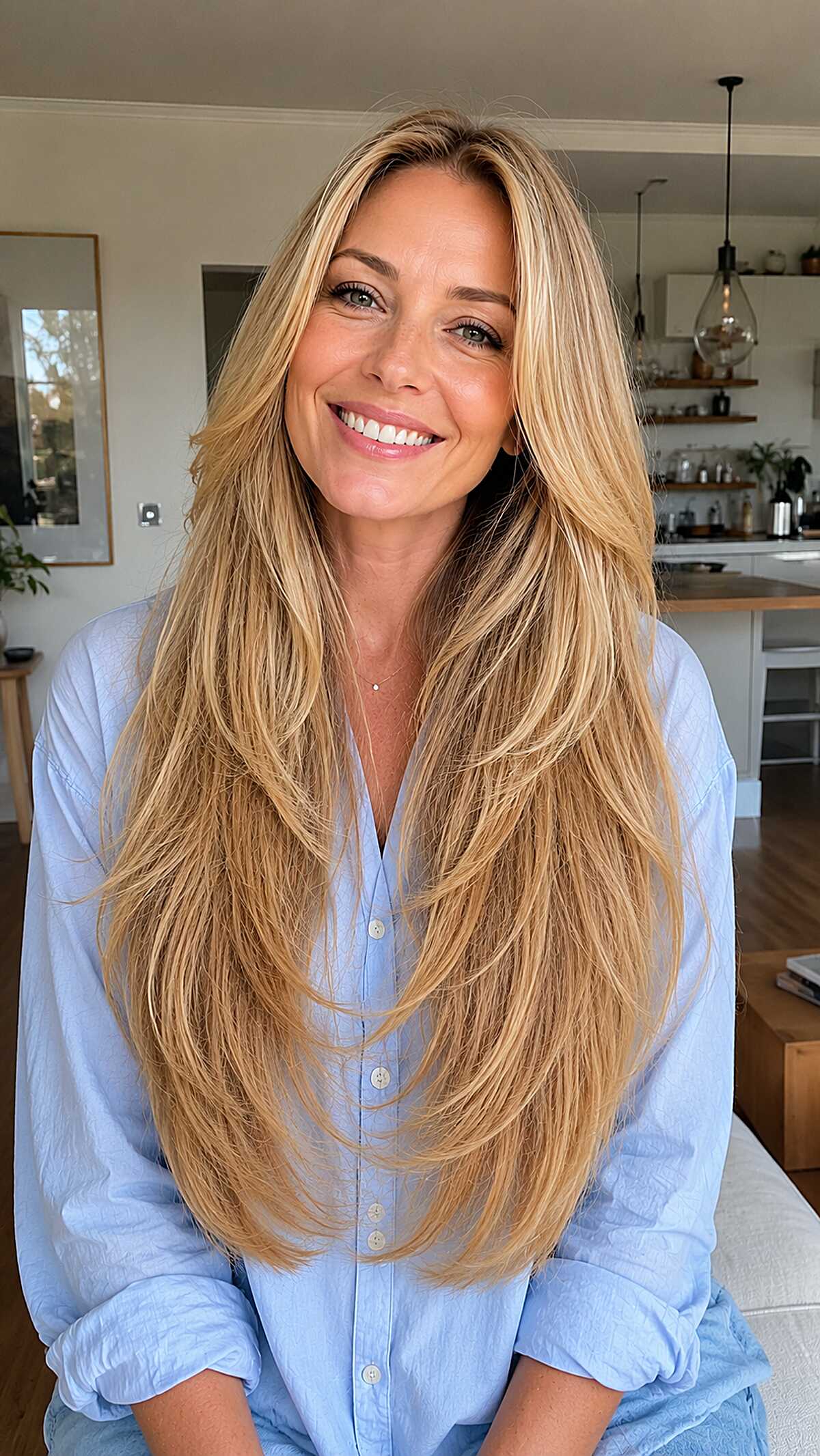 Warm Blonde Feathered Layers with Textured Wispy Ends