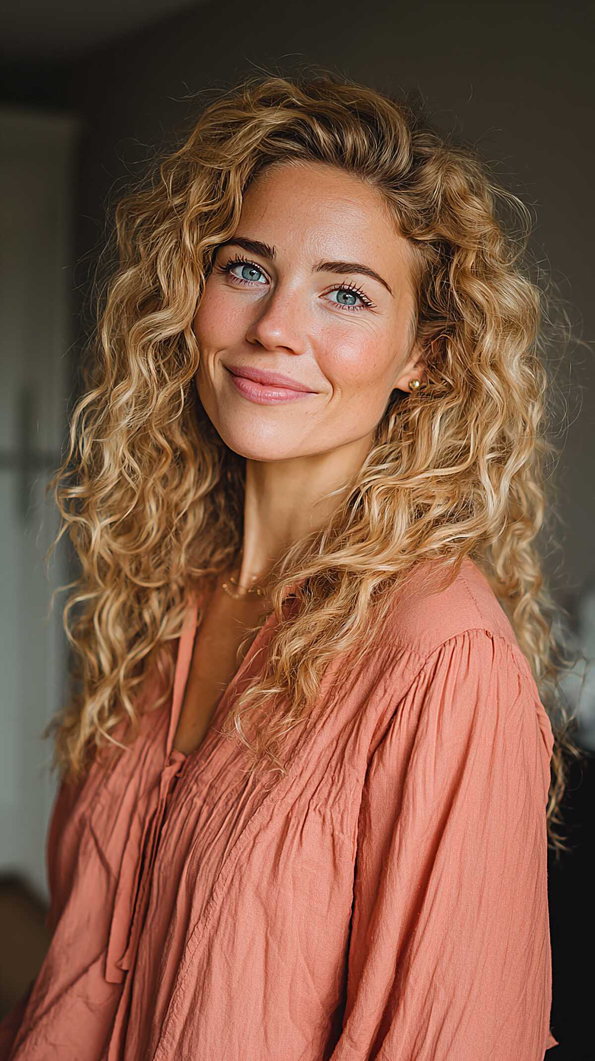 Warm Blonde Long Curls with Dry-Cut Layering