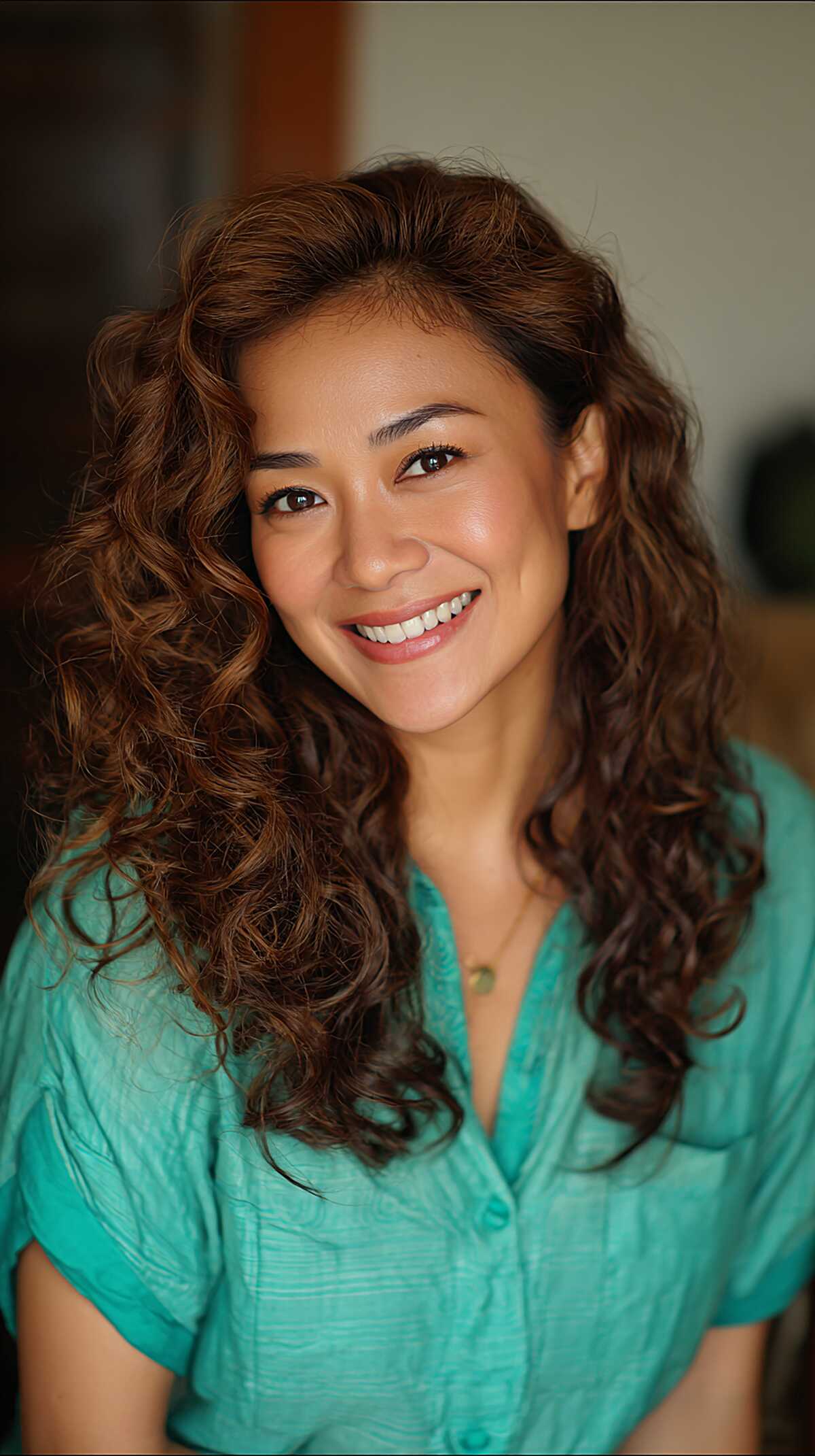 Warm Brown Long Curls with Swept Volume and Root Lift