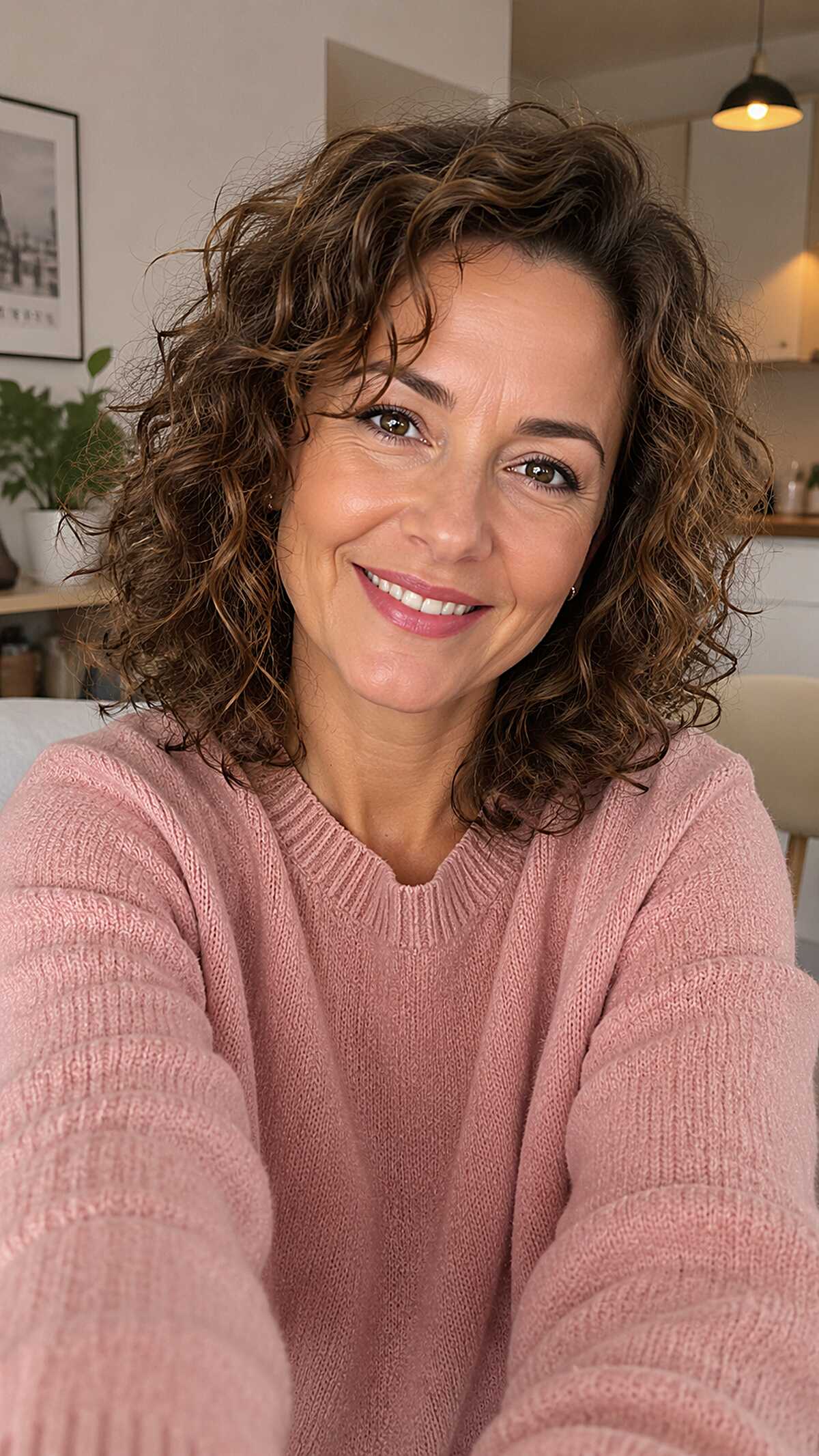 Warm Brunette Curly Shoulder Cut with Uneven Texture