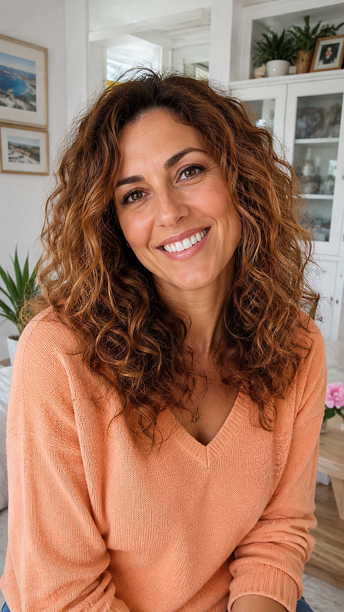 Warm Chestnut Curly Collarbone Length with Sun-Lit Mid-Shaft Highlights