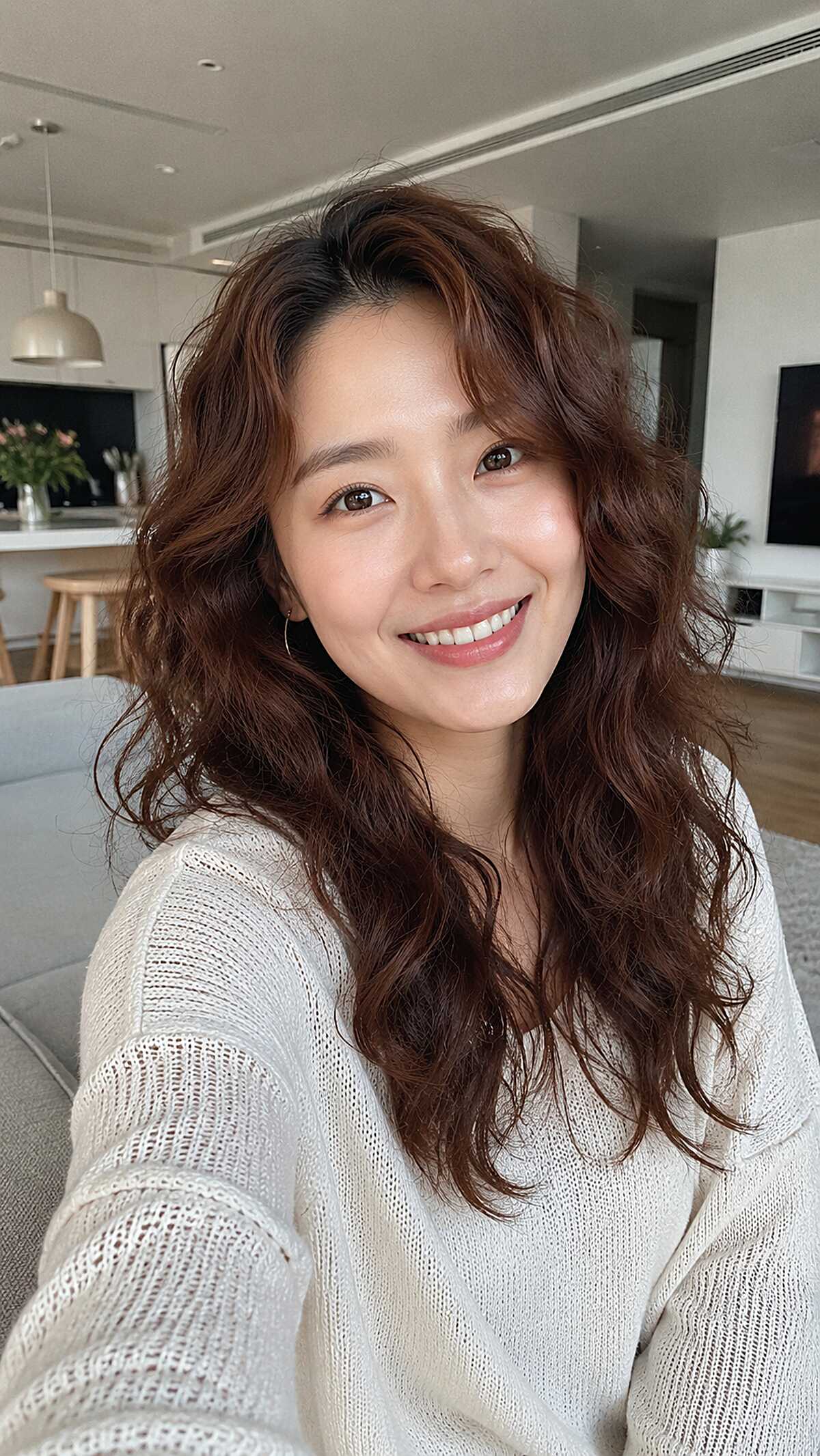 Warm Chestnut Curly Shag with Curtain Fringe