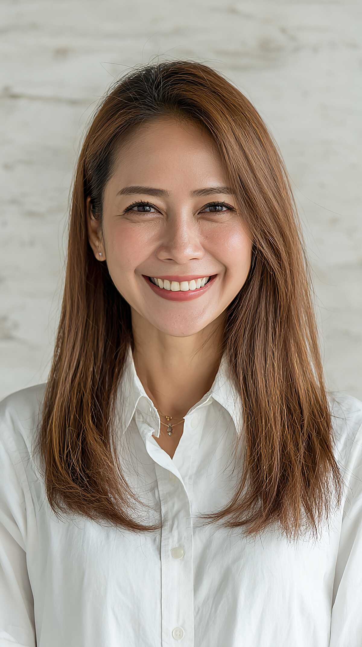 Medium-length warm chestnut straight hair with flipped ends