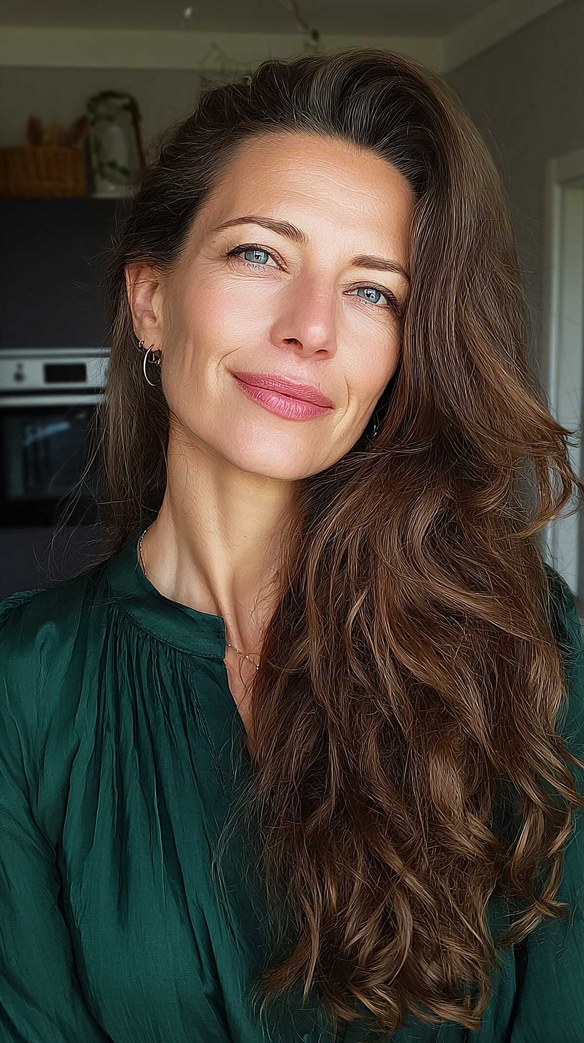 Warm Chestnut Waves with Feathered Long Layers