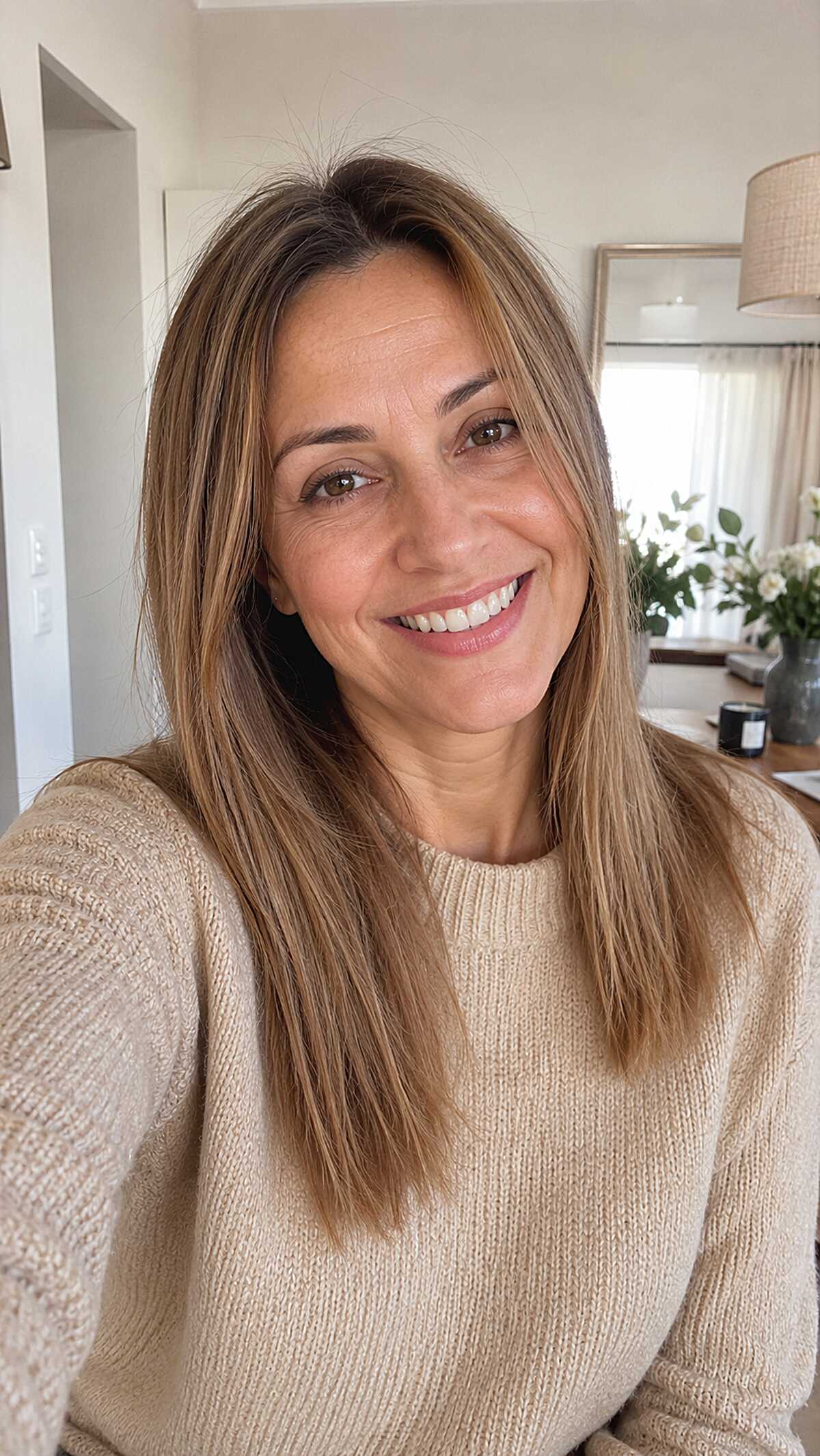 Warm bronde lob with highlights and wispy textured ends