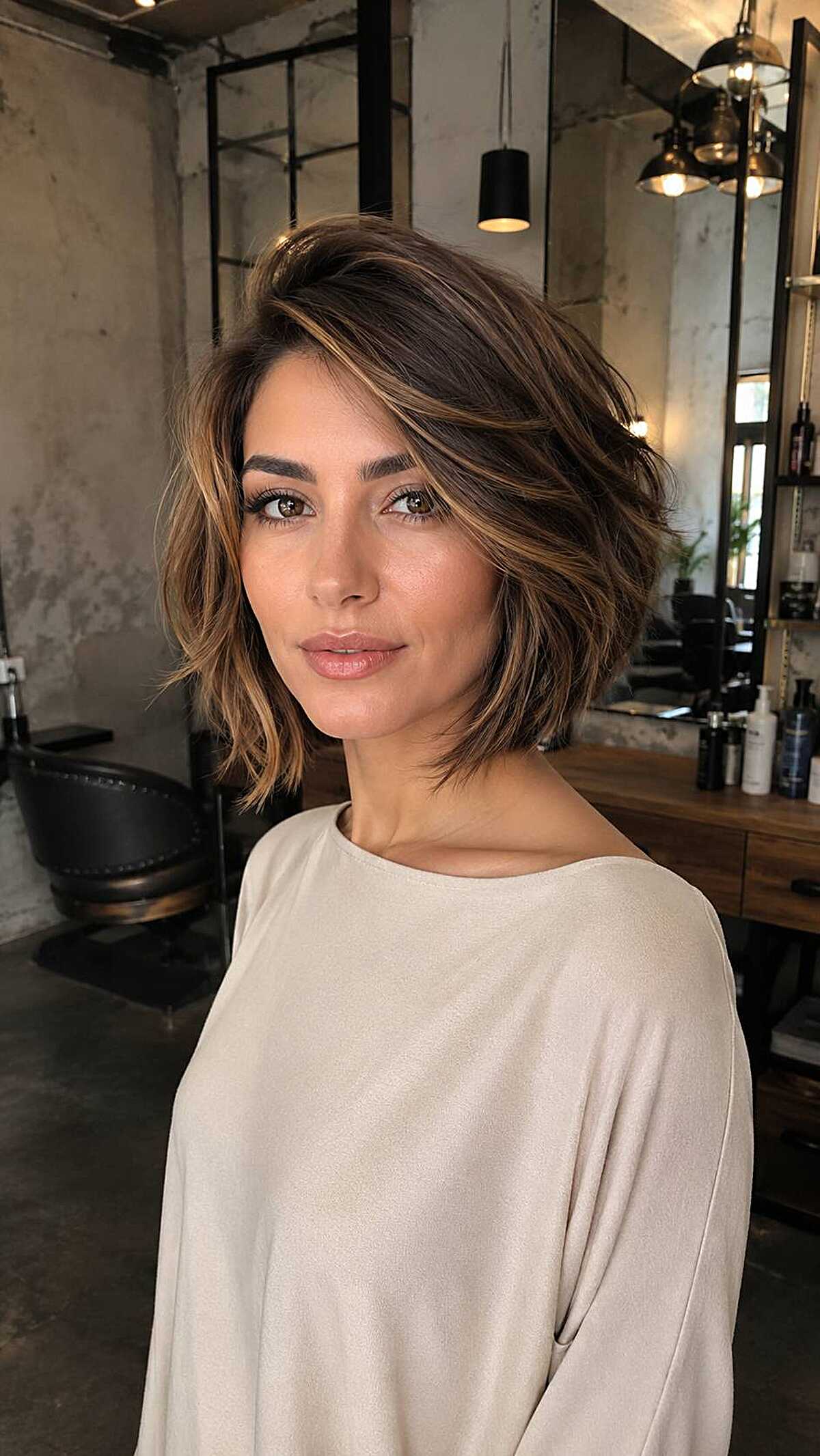 Chin-length brunette shag with caramel face framing