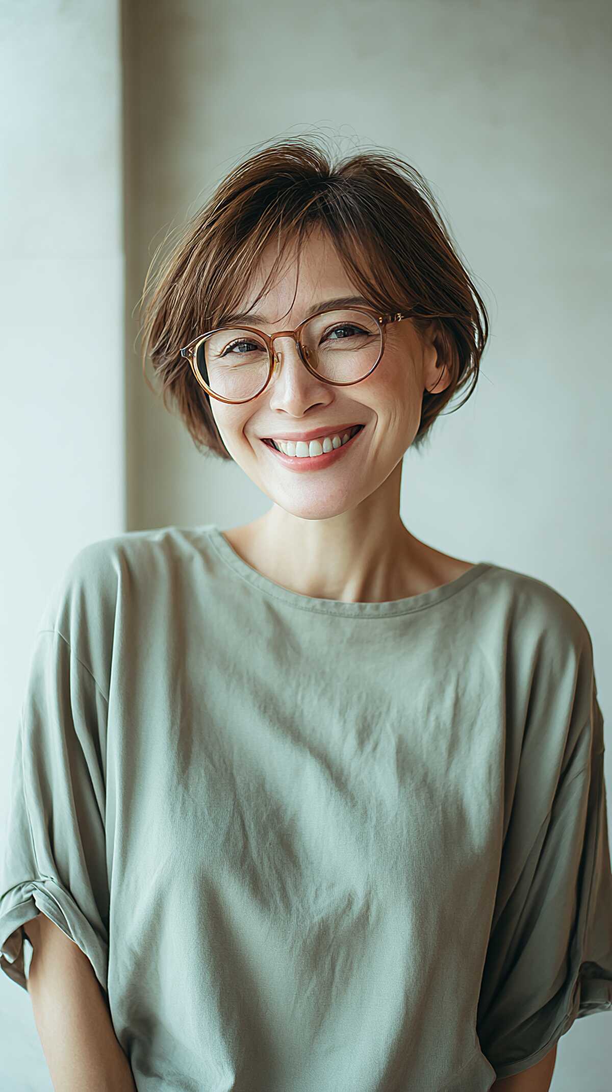 Airy short brunette crop with soft fringe and glasses