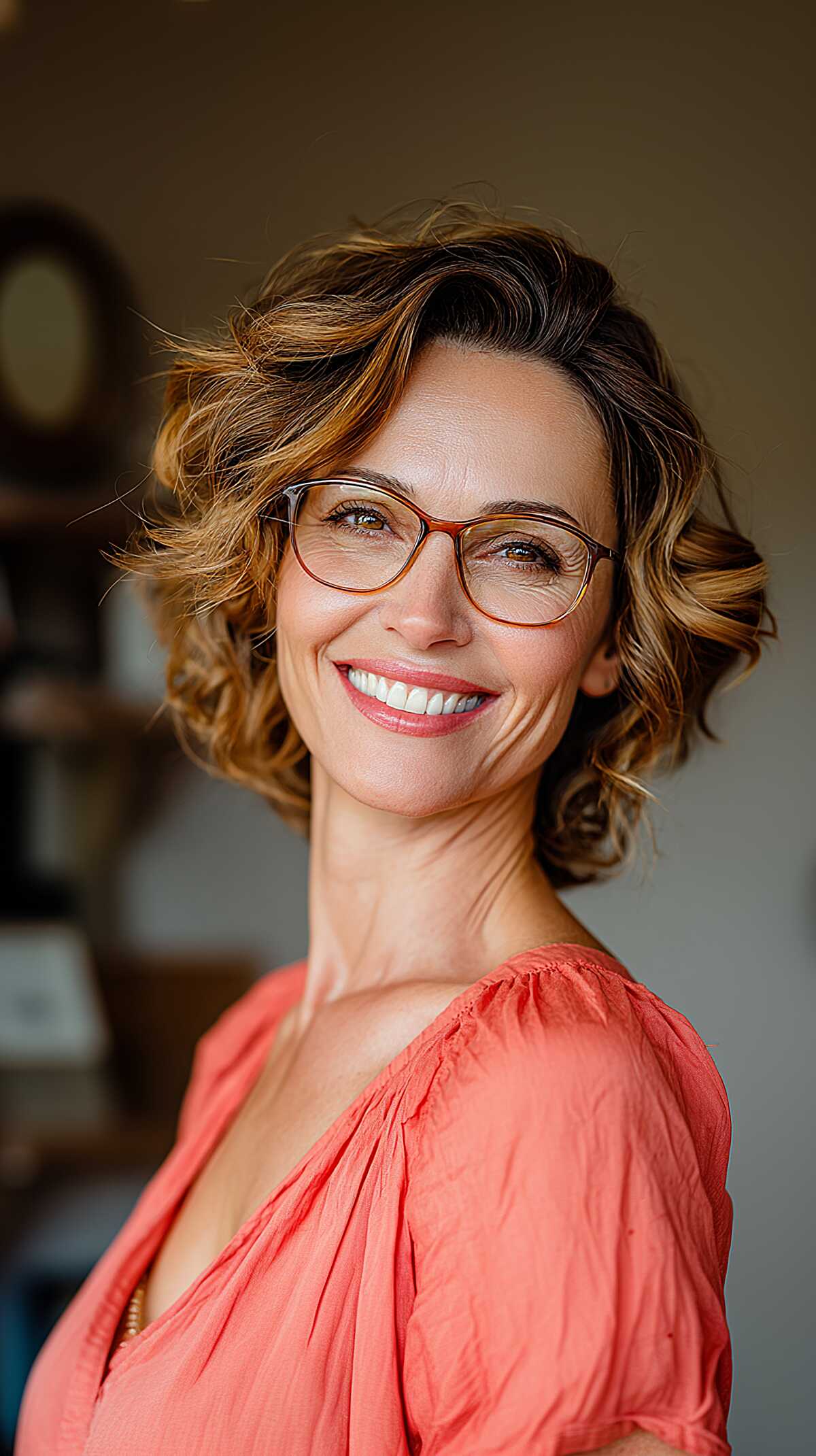 Short bouncy curly bob with caramel balayage highlights