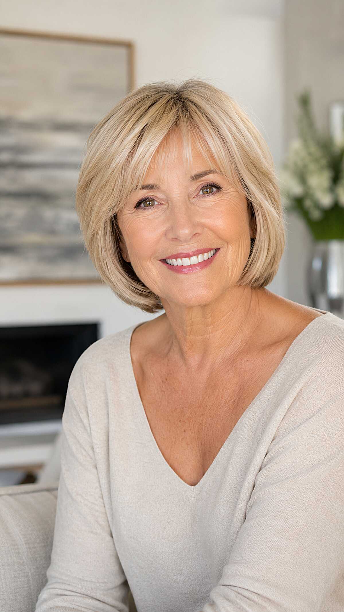 Chin-Length Blonde Bob with Wispy Bangs