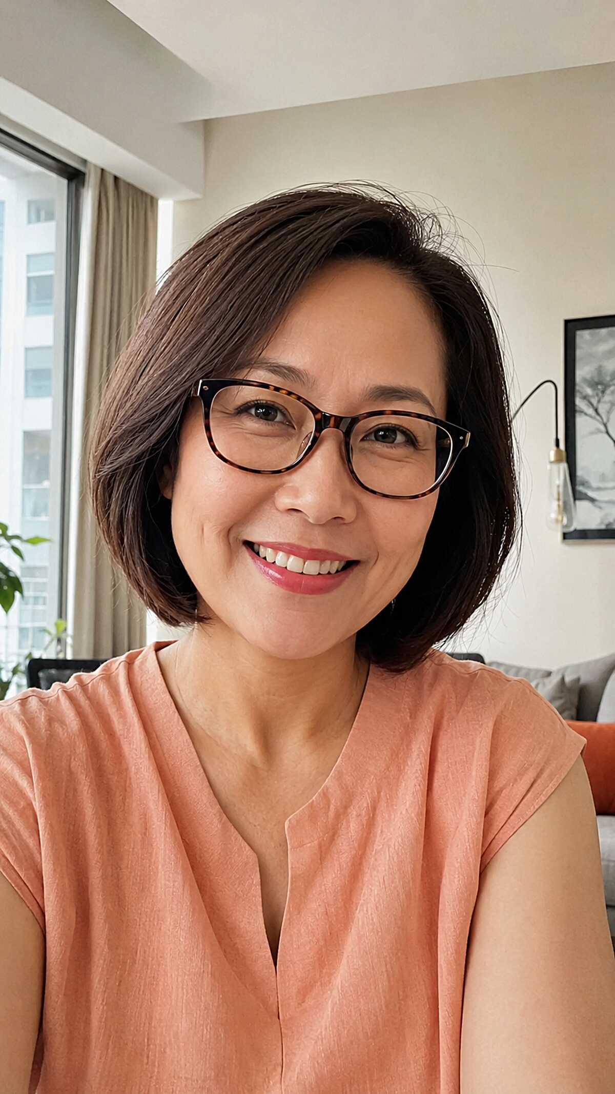 Chin-length dark bob with subtle layers and glasses