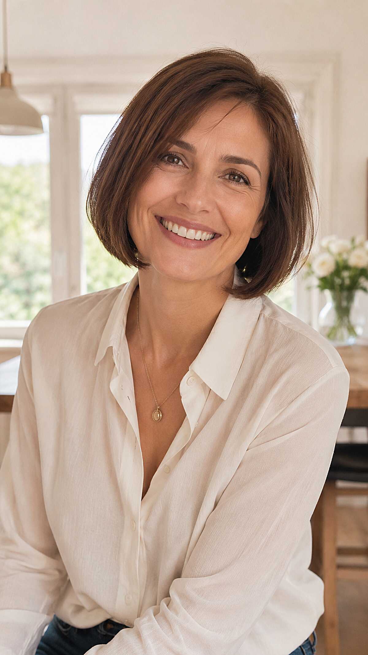 Classic Brunette Chin Bob with Inward-Swept Ends