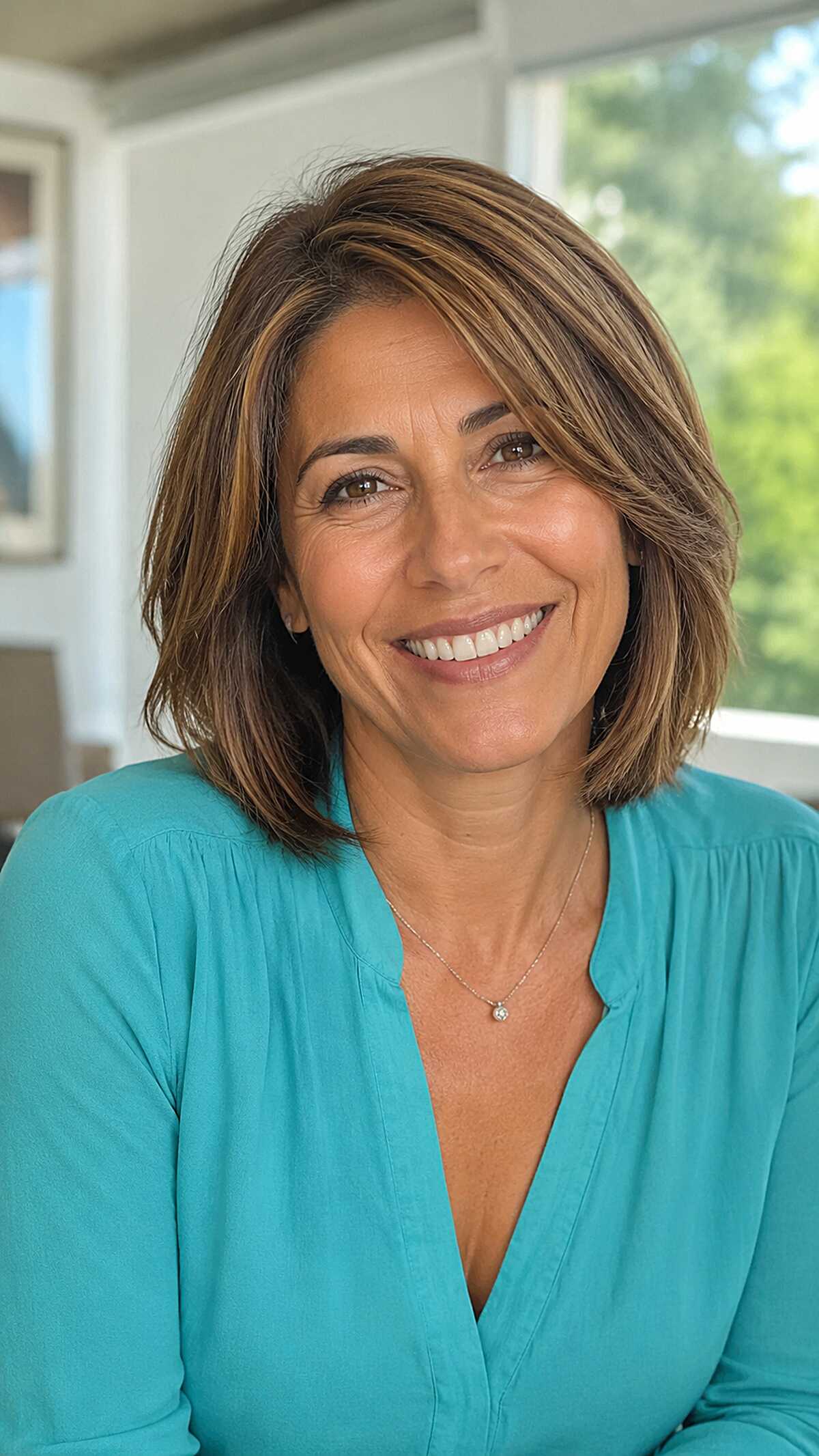 Collarbone-Grazing Brown Bob with Fine Caramel Ribbons