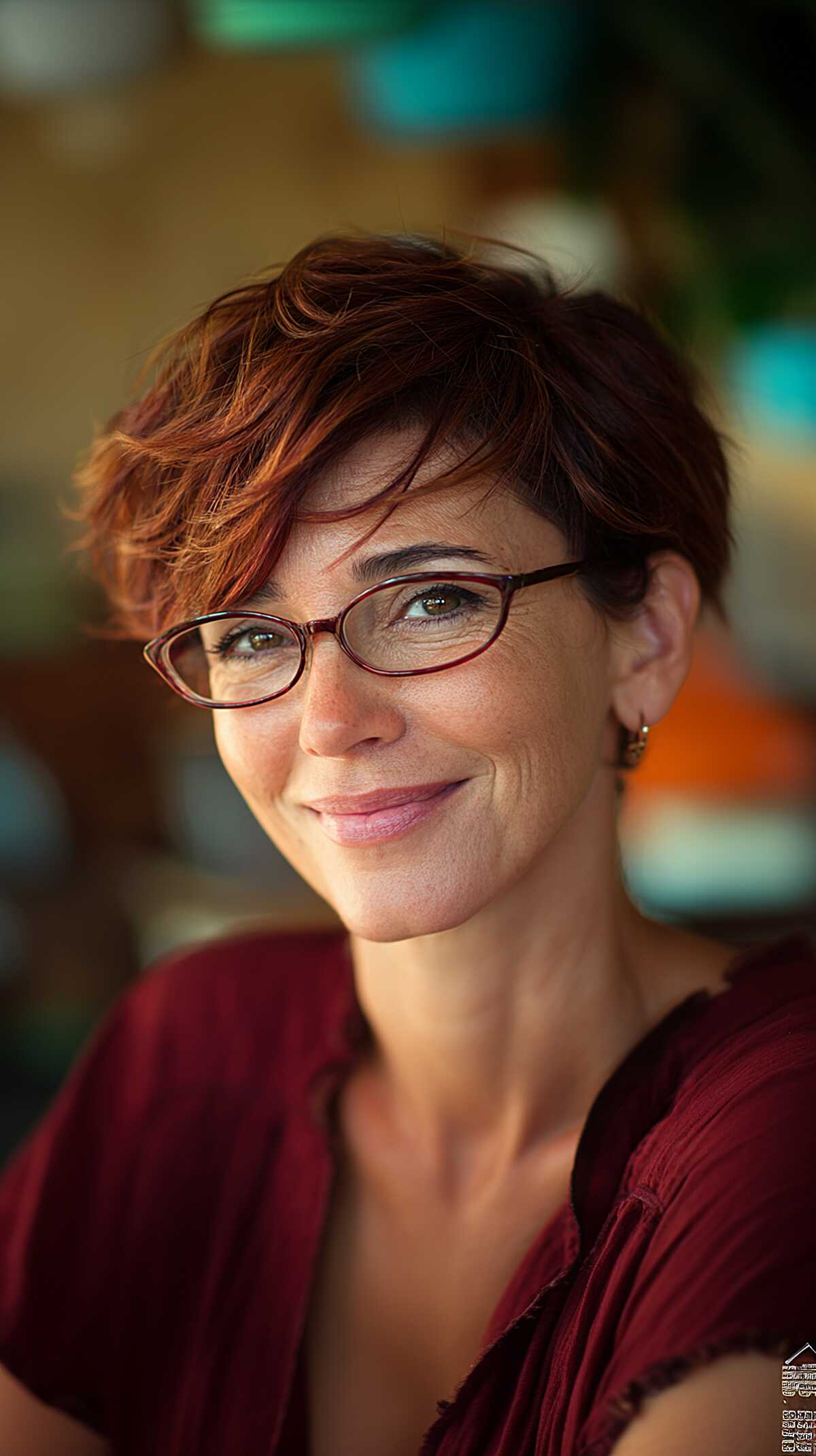 Short tousled pixie with copper and auburn tones