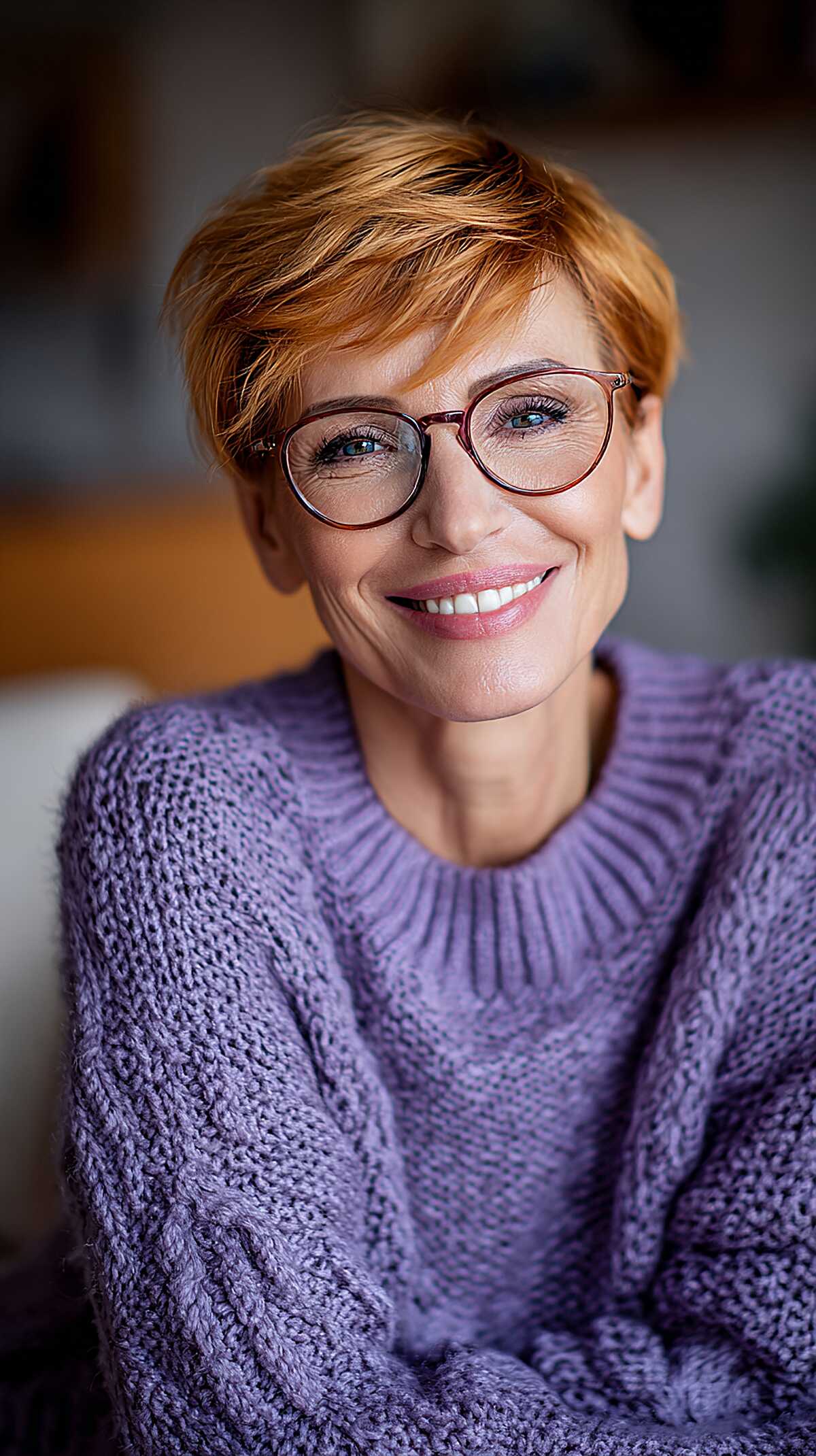 Bright copper pixie with textured fringe and glasses