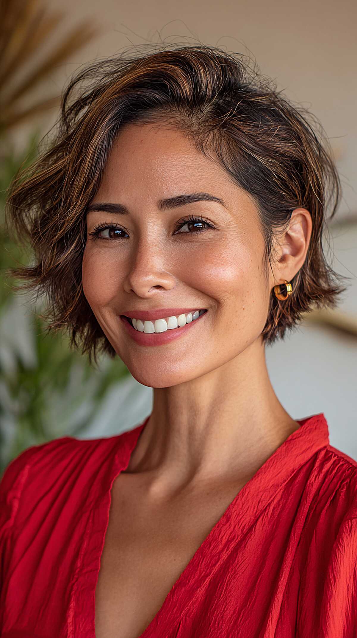 Ear-Length Choppy Bob with Warm Brown Micro-Highlights