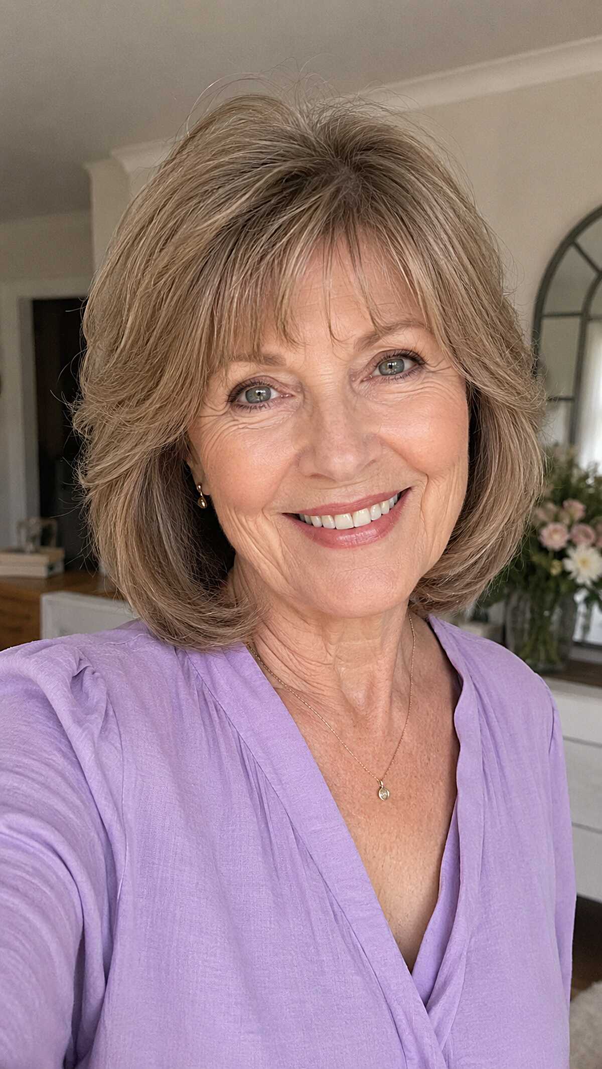 Feathered Dark Blonde Bob with Side-Swept Fringe