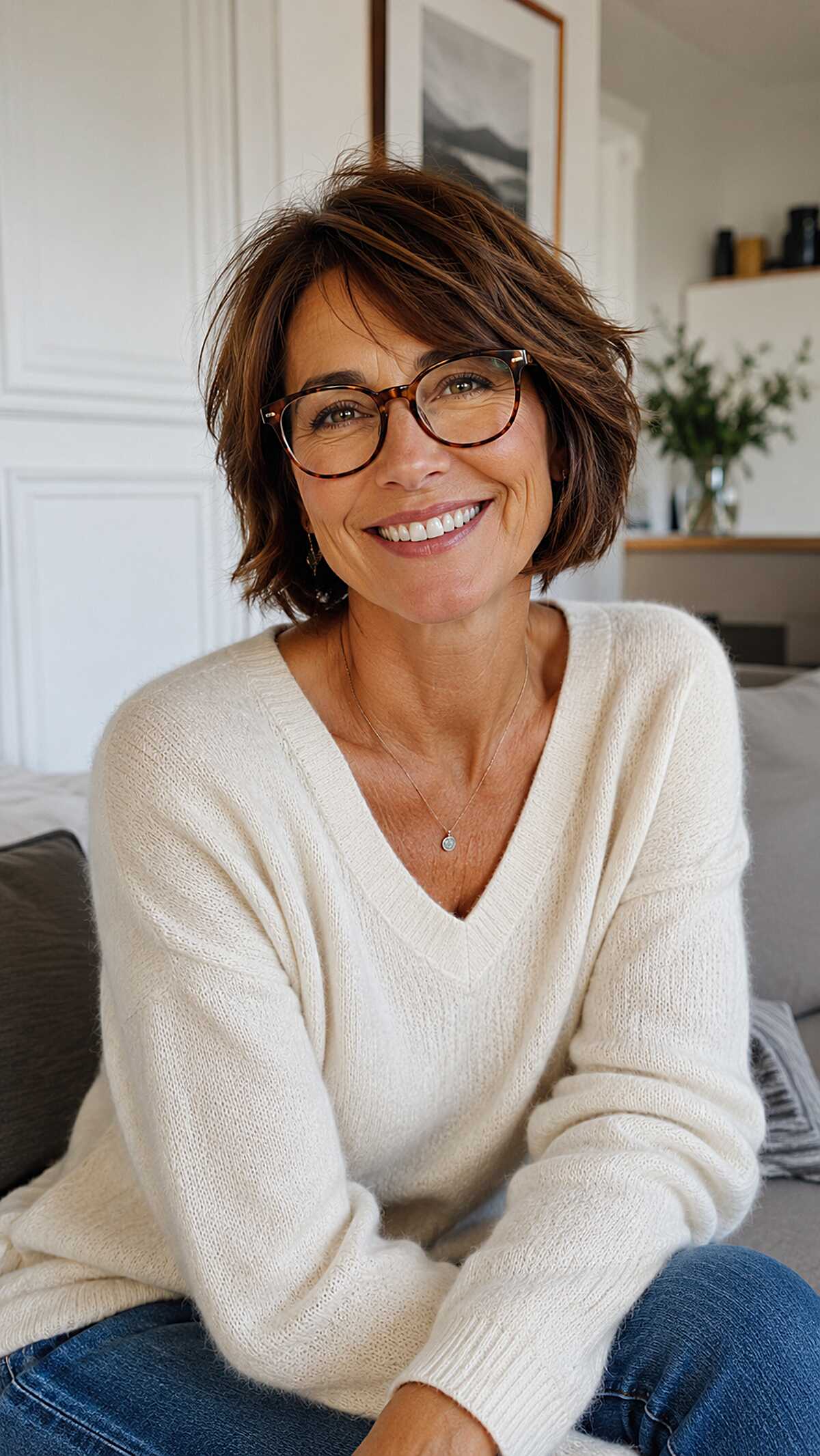 Short flippy layered bob with chocolate brown highlights