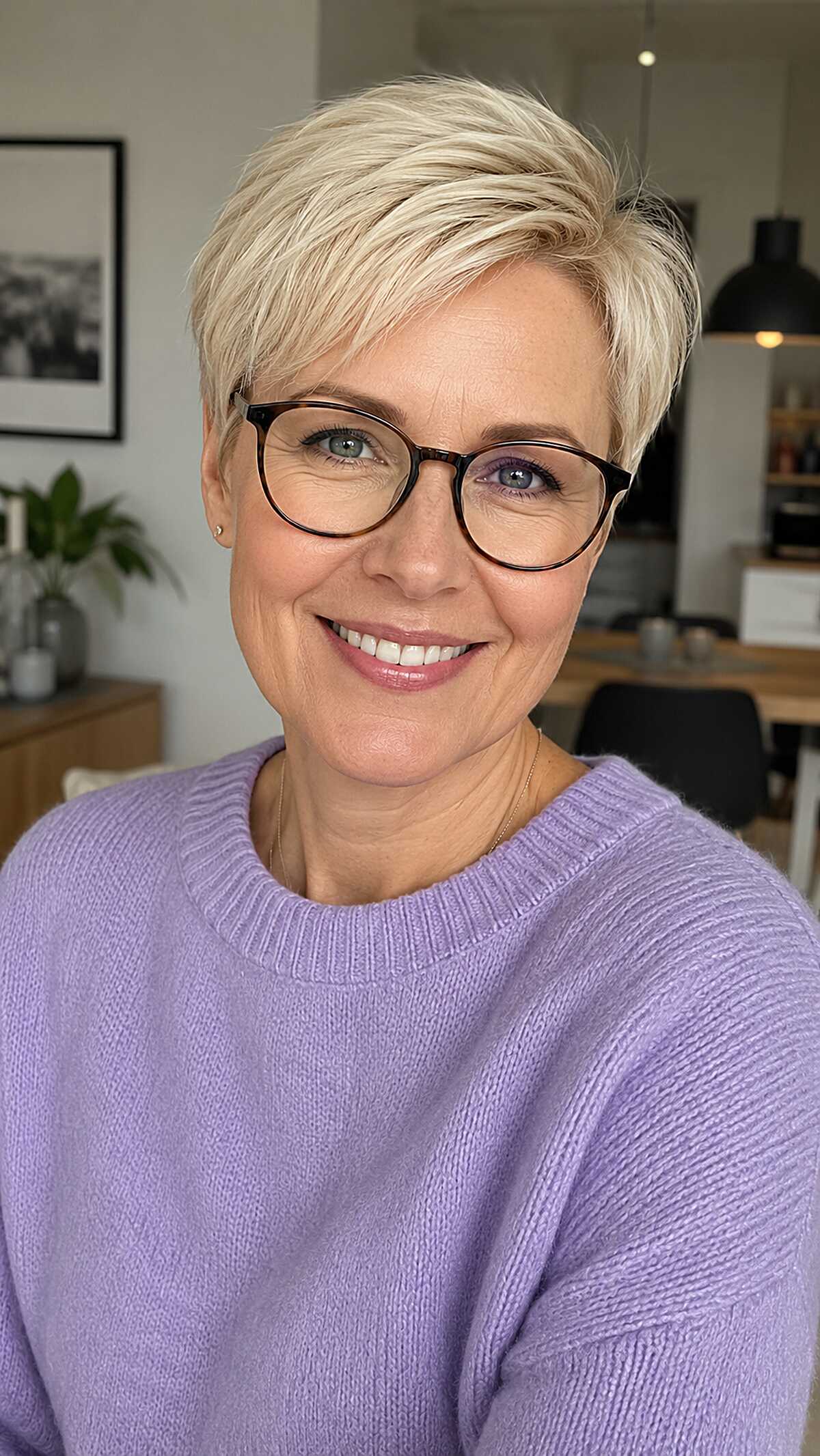 Icy platinum blonde pixie with textured layers