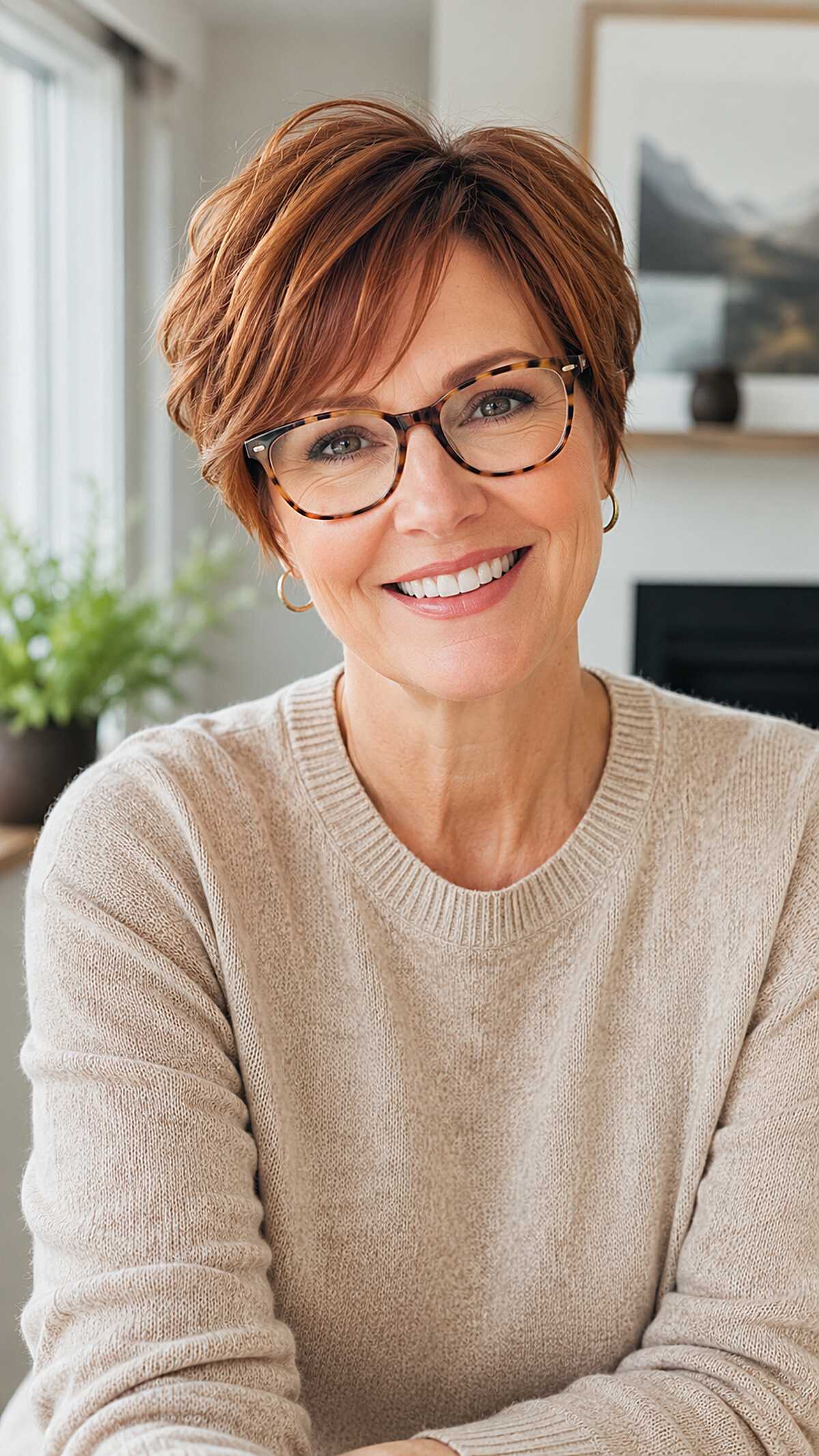 Layered auburn pixie with long side-swept bangs