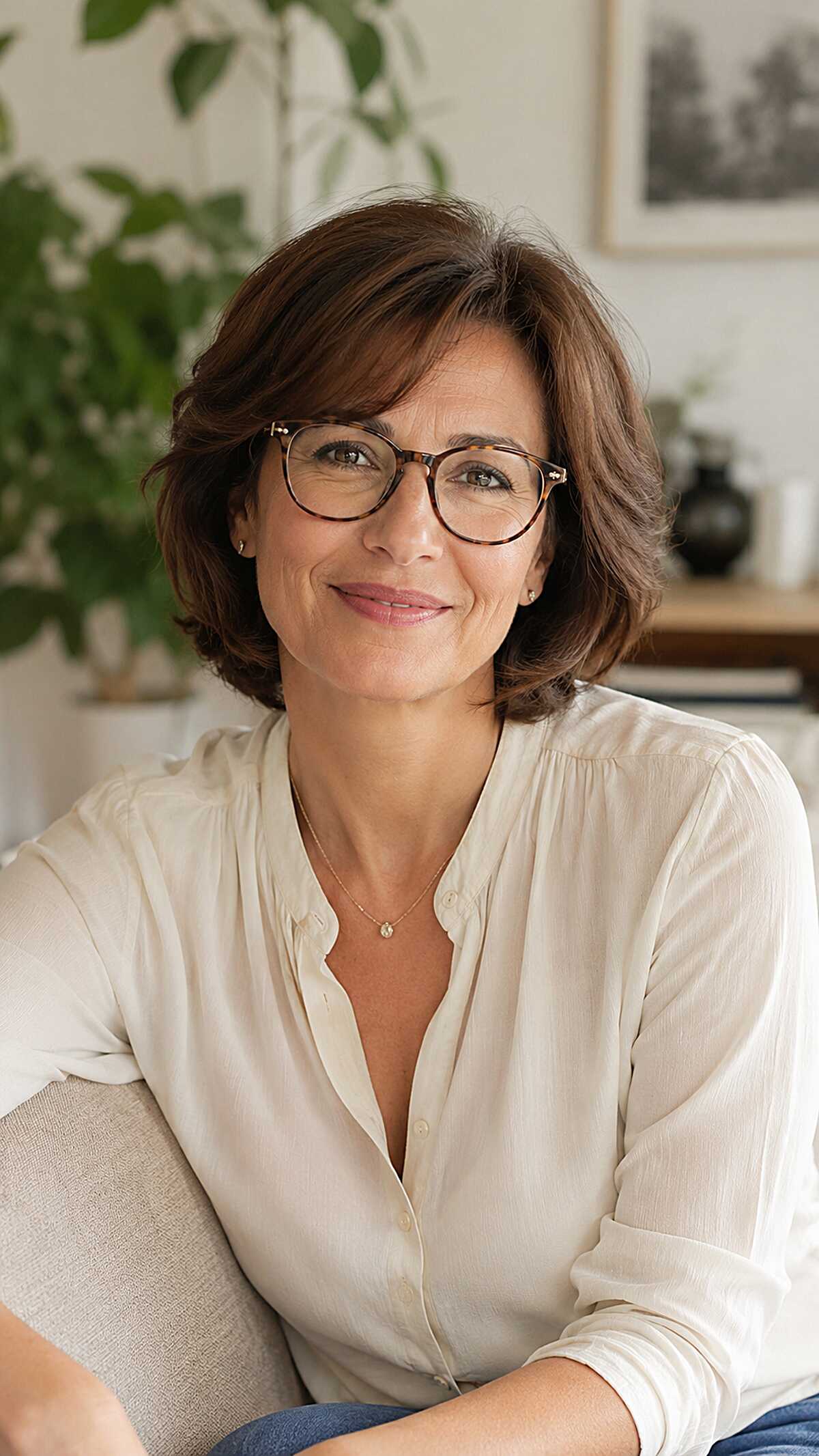 Layered chin-length brunette bob with flipped ends