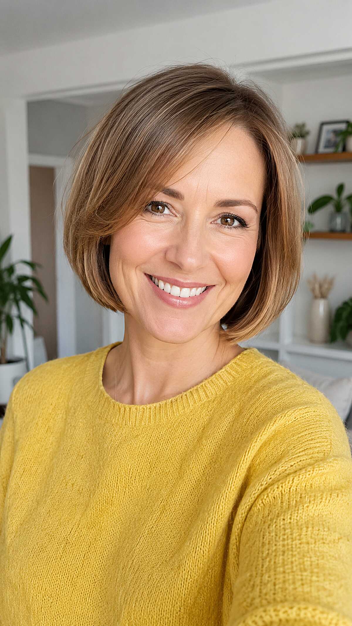Light Ash Brown Chin Bob with Inward Bend and Side-Swept Fringe