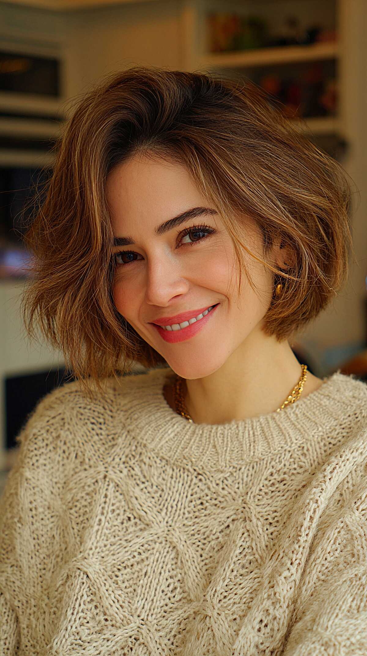 Lived-In Chin-Length Bob with Warm Caramel Pieces