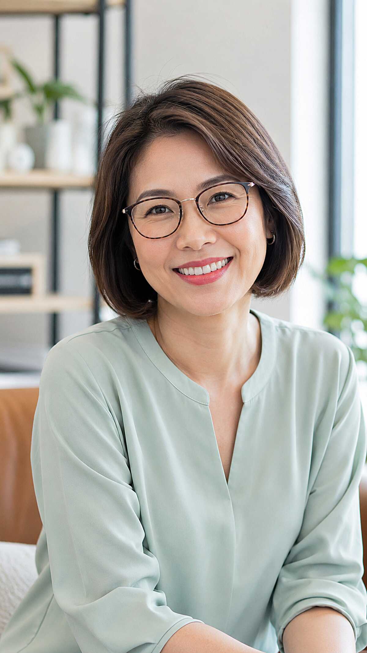 Polished brunette bob with inward curve and glasses