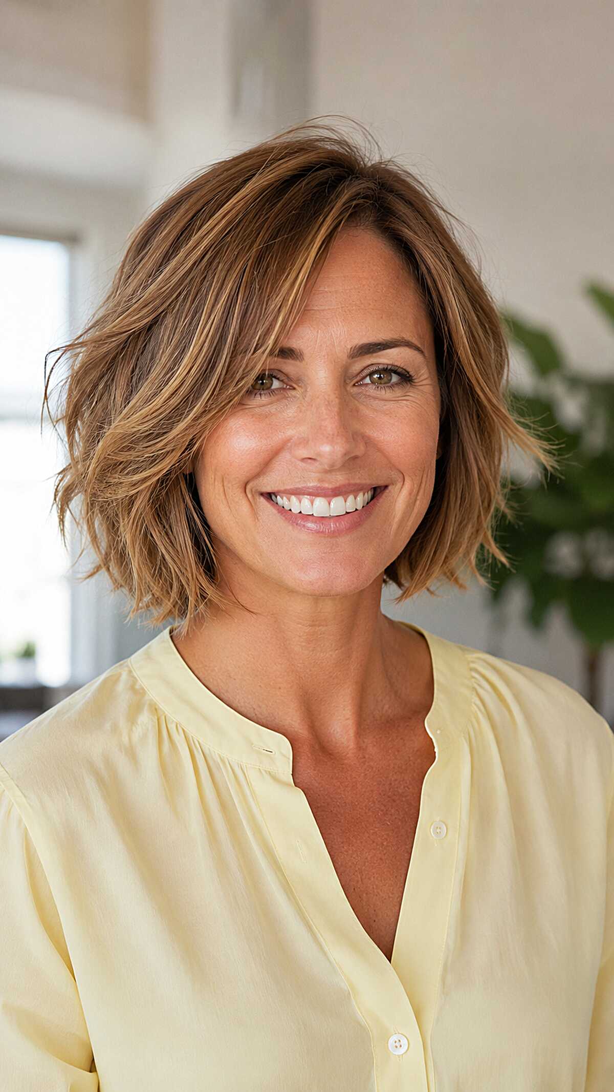 Razored Chin Bob with Warm Honey Balayage and Deep Side Part