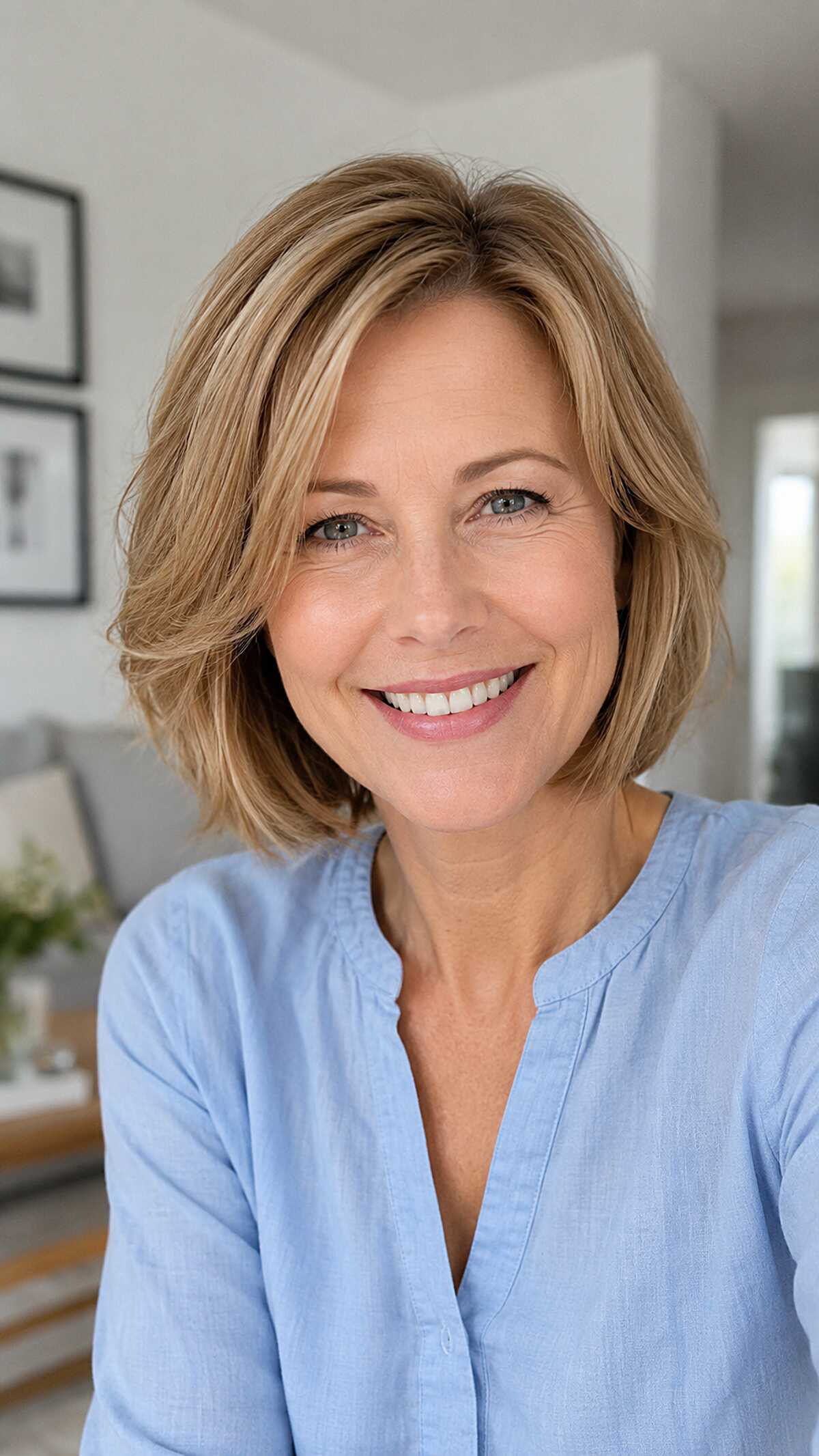 Sandy Blonde Chin Bob with Outward-Swept Ends