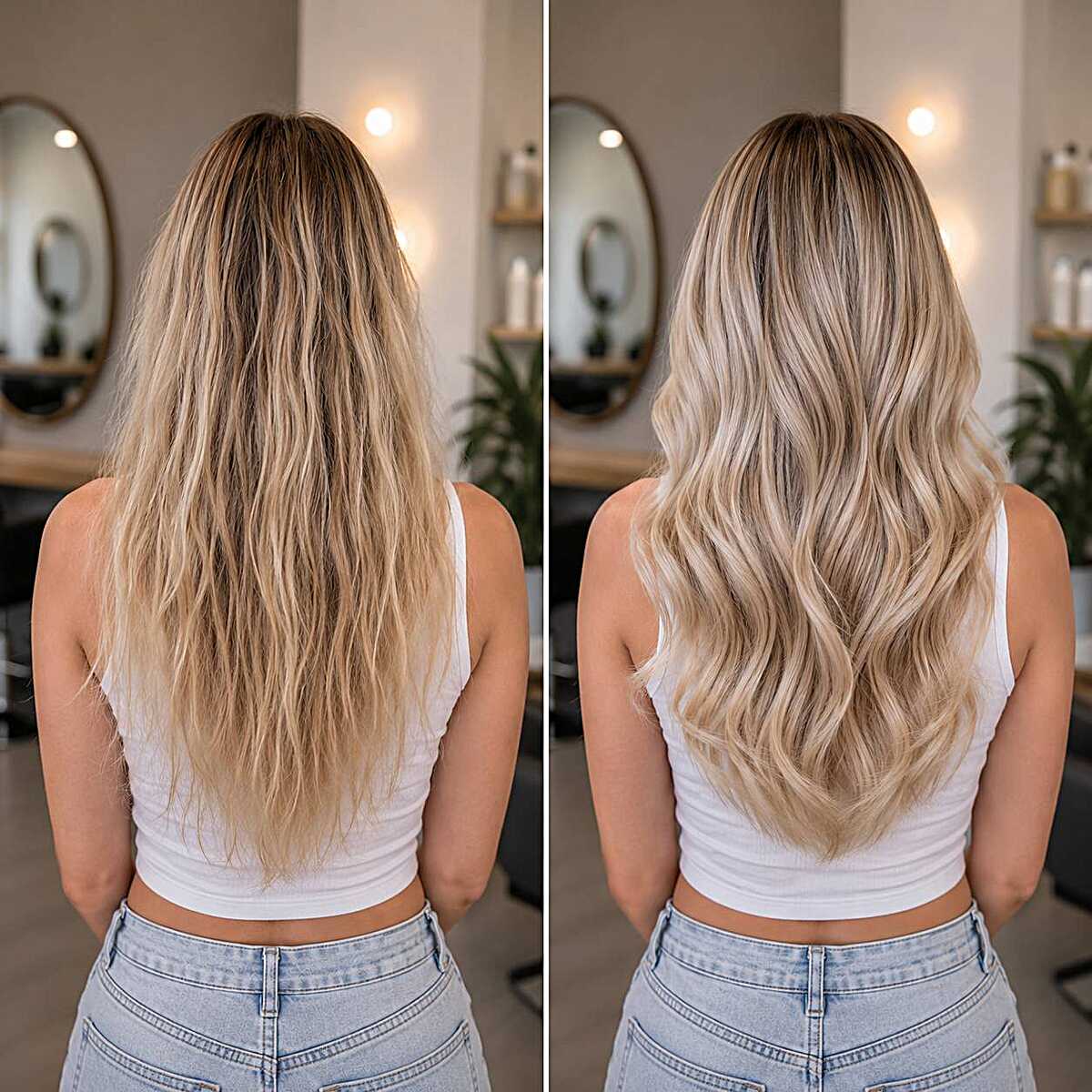 Before and after balayage refresh into Scandinavian blonde