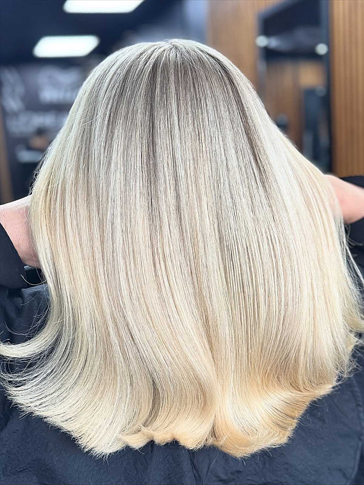 Medium cool butter blonde with rounded blowout ends