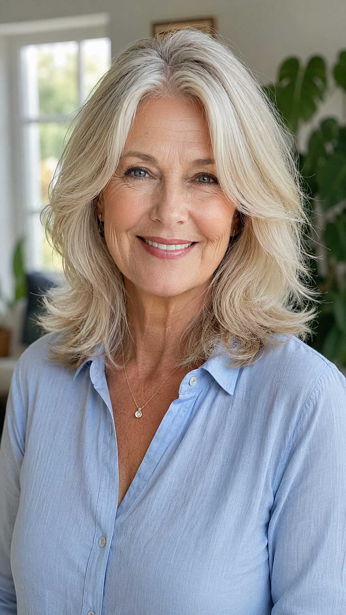 Shoulder-Length Layered Blonde with Curtain Part