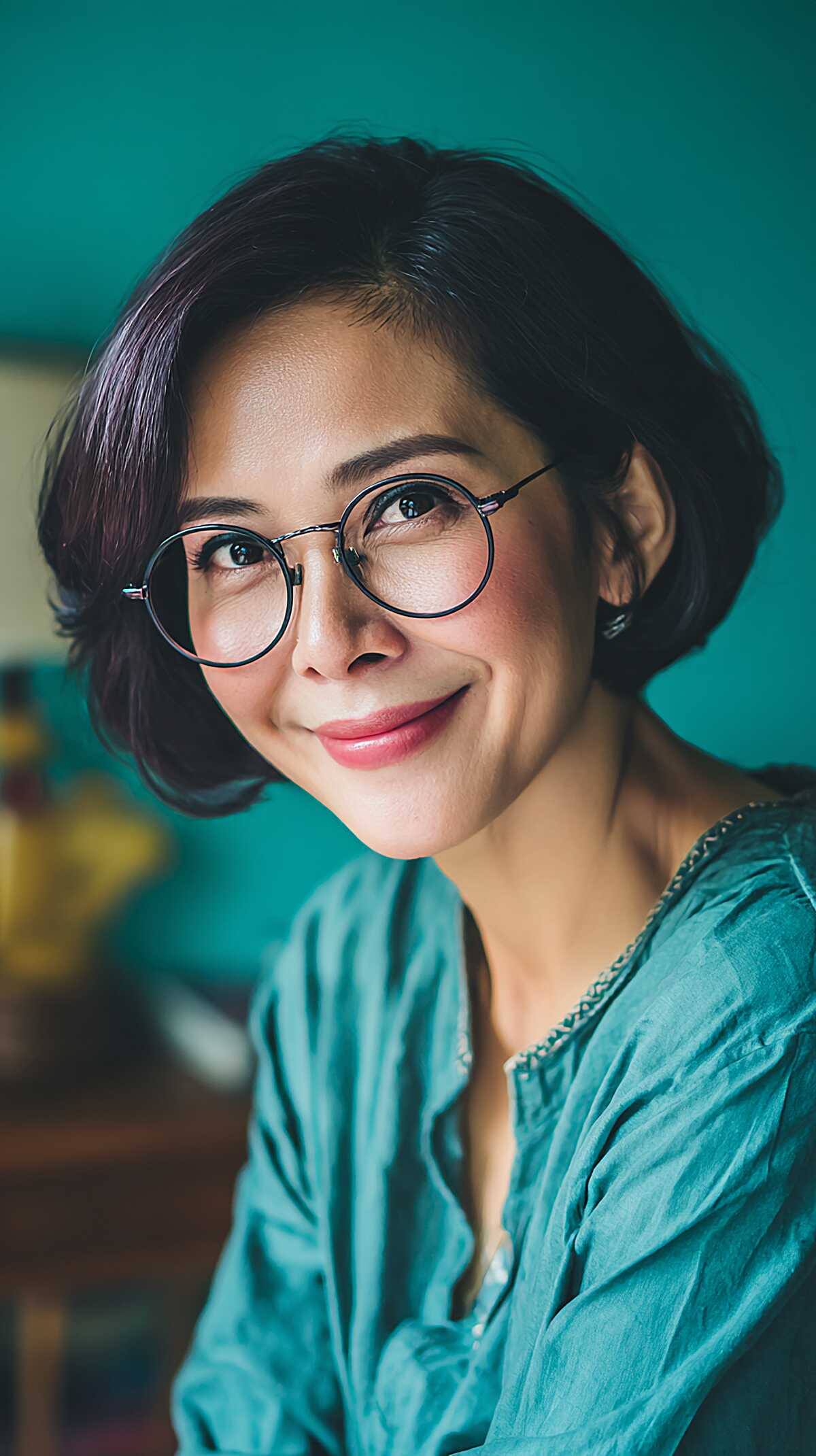Sleek dark bob with center part and round glasses