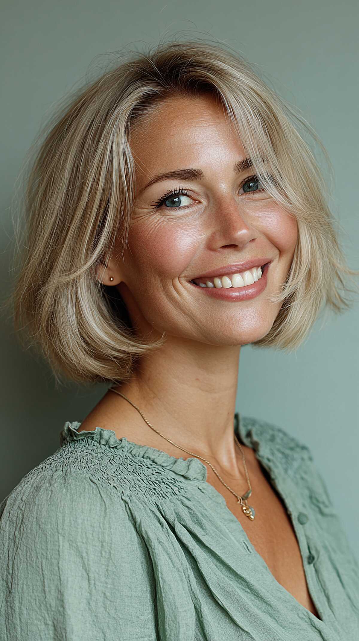 Soft Blonde Chin Bob with Flipped Ends and Root Shadow